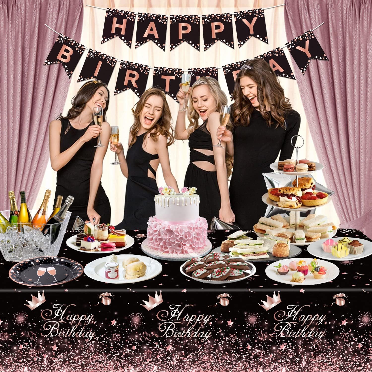 Black Rose Gold Tablecloth Pack of 4 for Birthday Party