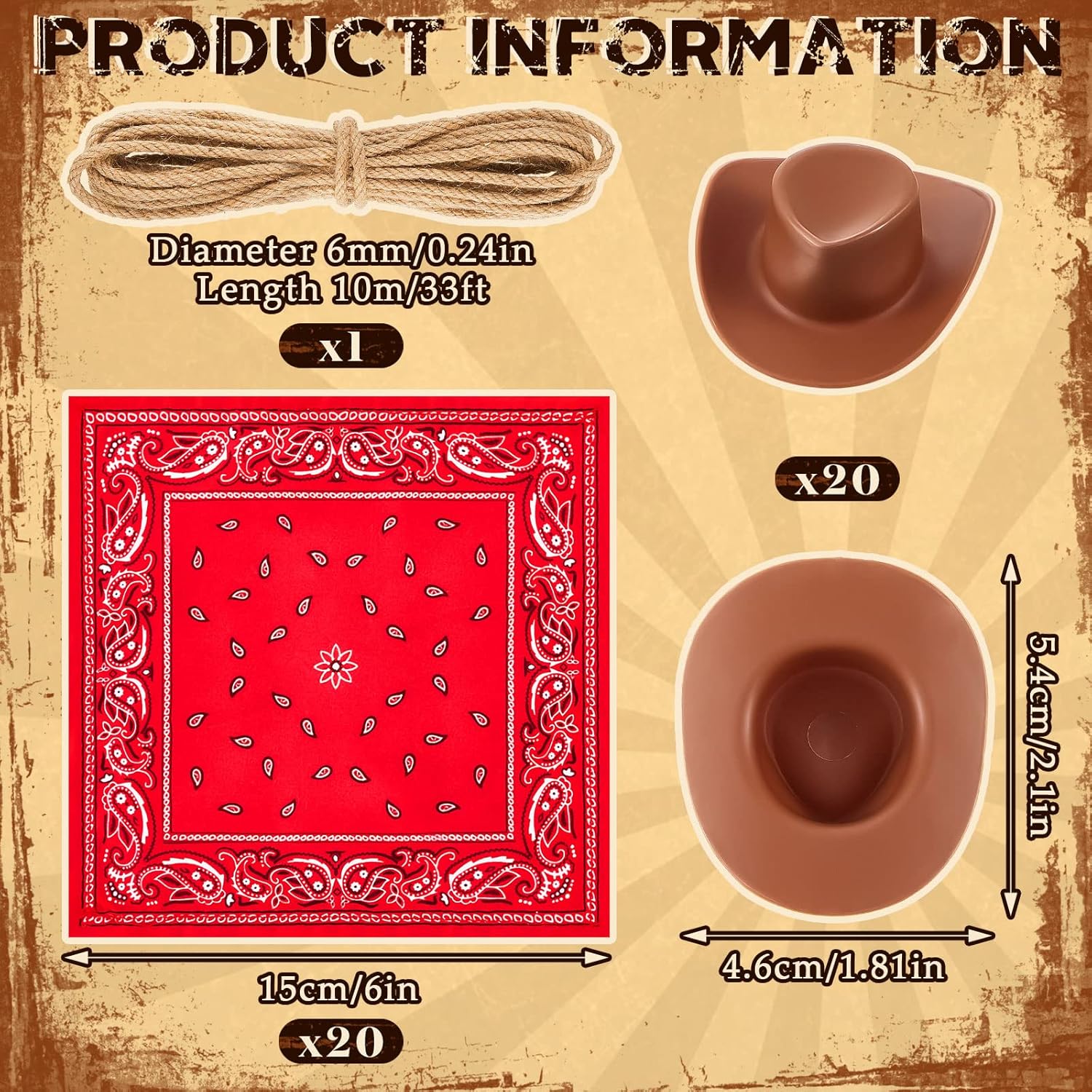 Leitee 20 Piece Mini Cowboy Hats with Bandannas