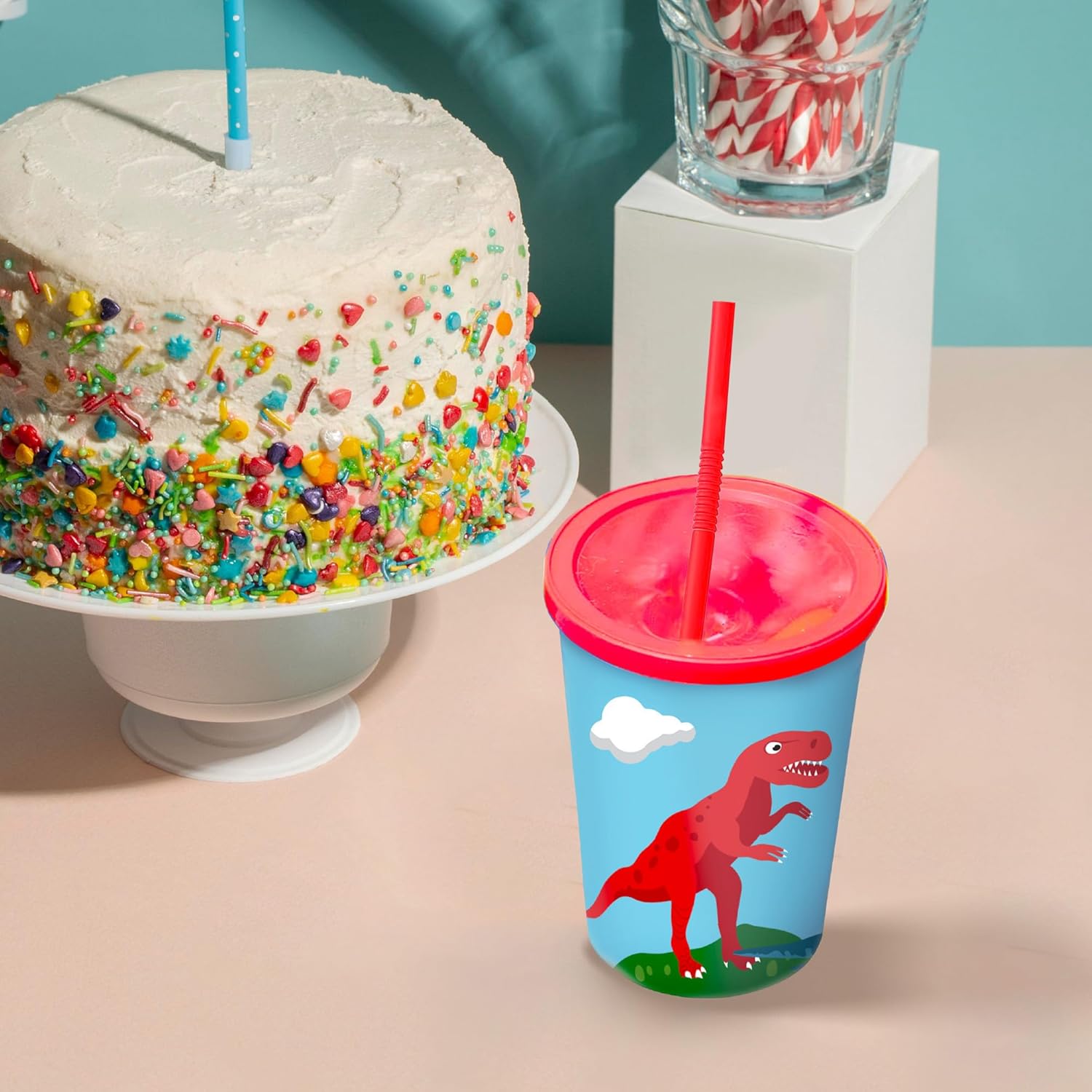 Dinosaur Cups for Kids with Straw and Lid Set of 12