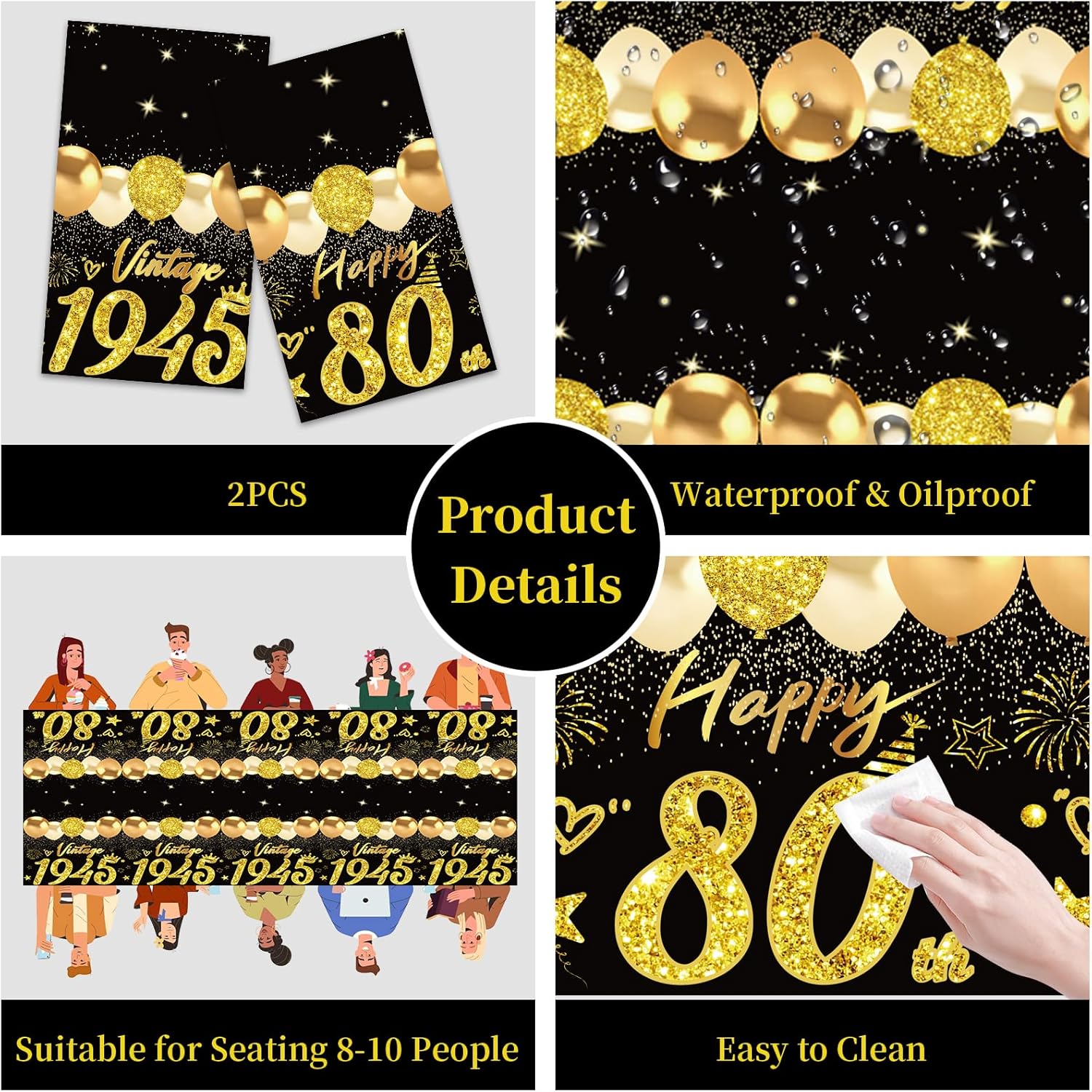 Uiorgui 2pcs 80th Birthday Tablecloth Set