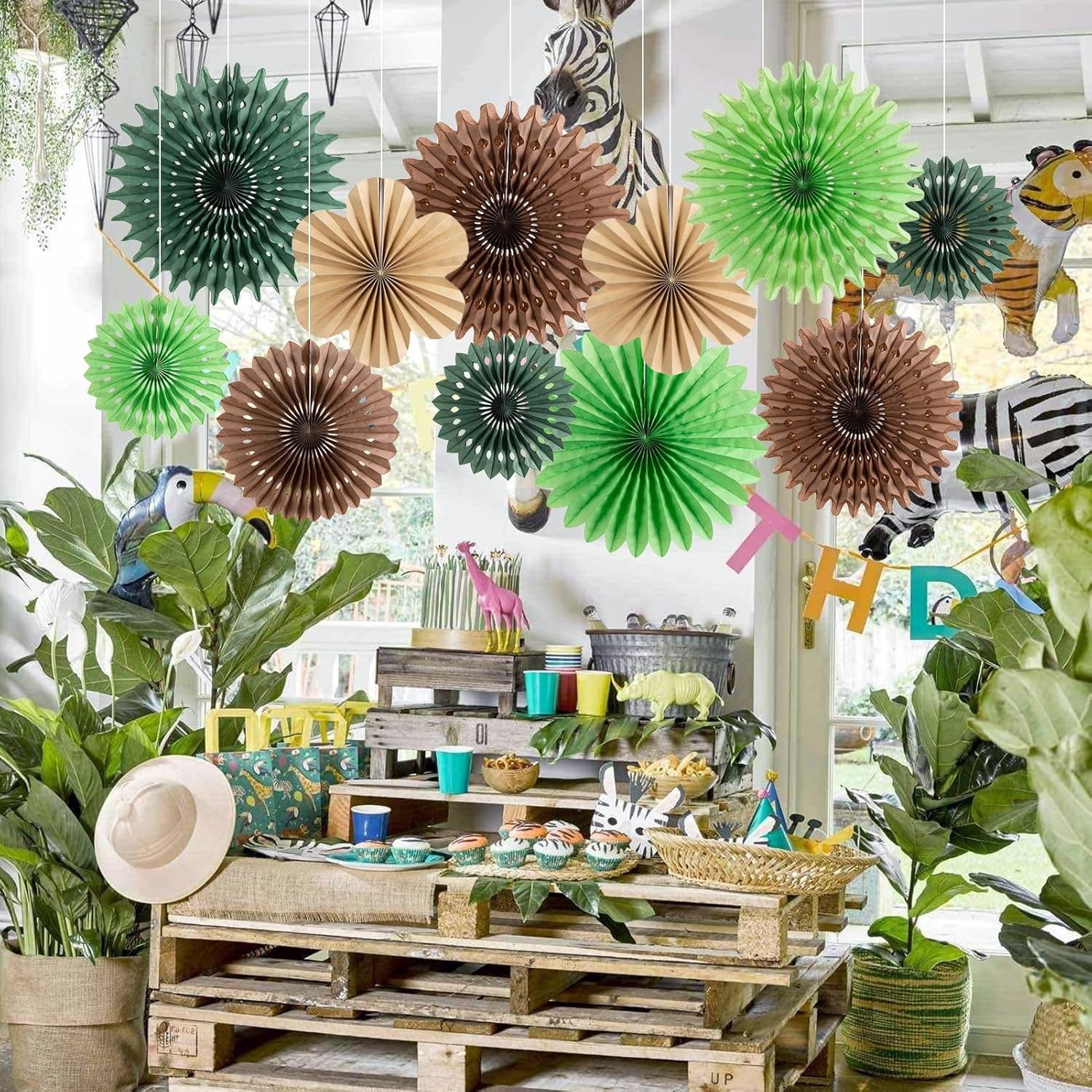 11 Pcs Tropical Jungle Hanging Paper Fans Decor Set