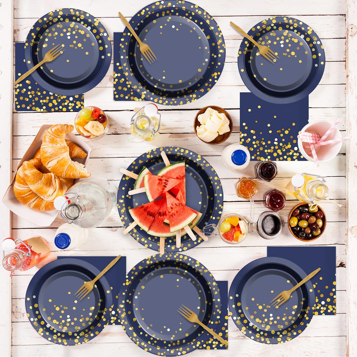 96 Pcs Blue Gold Dot Party Tableware Set