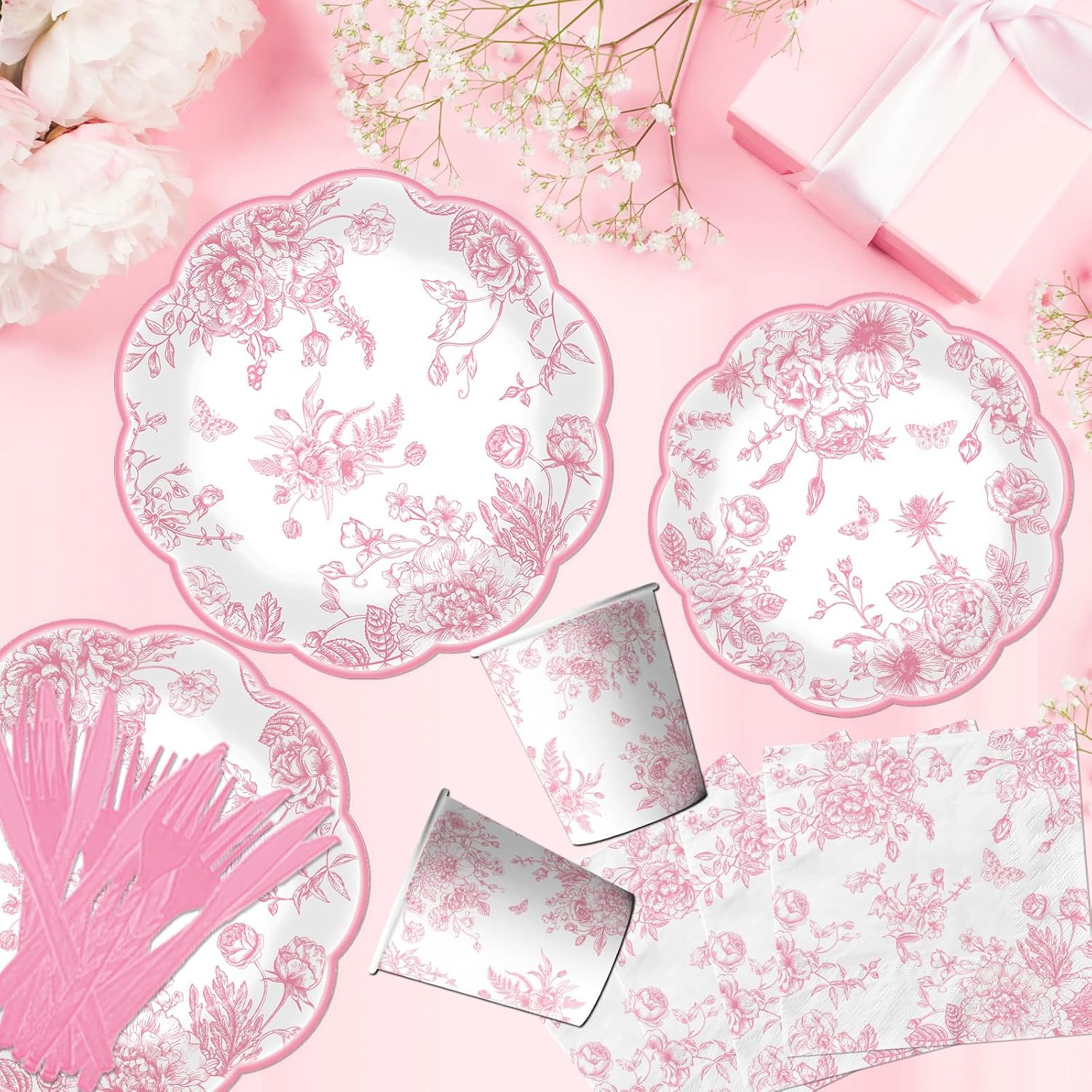 Pink Floral Paper Plates 144Pcs Wedding Tea Party Set