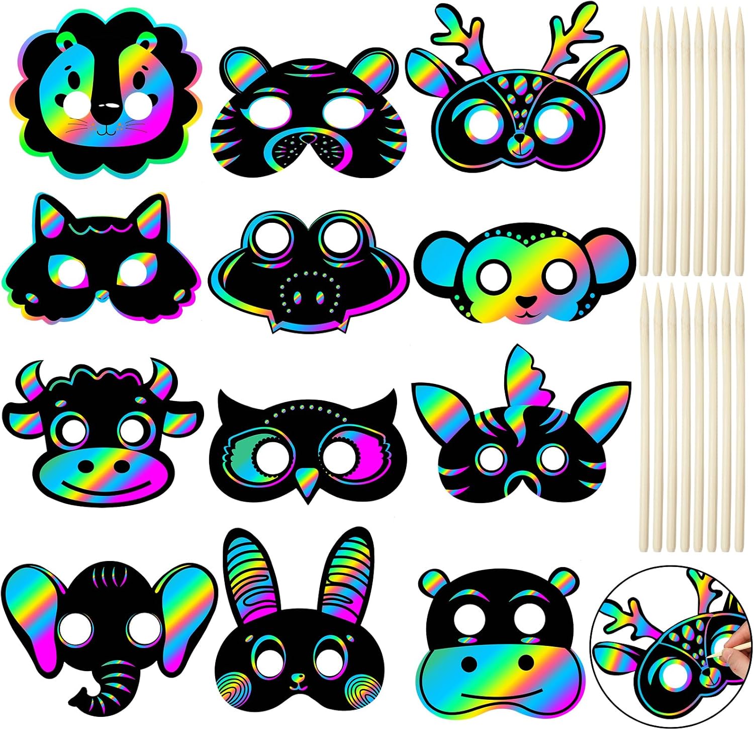 Realspring 60 Pcs Safari Animal Scratch Paper Mask DIY Kit