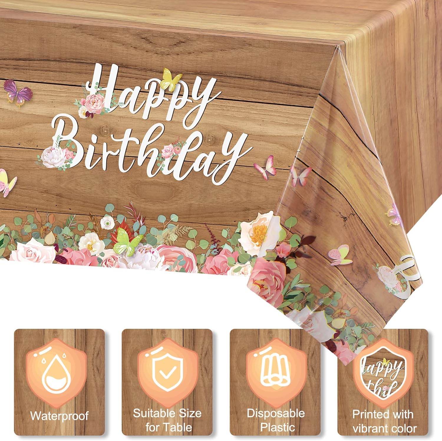 Floral Birthday Tablecloths with Butterfly Design 3 Pcs