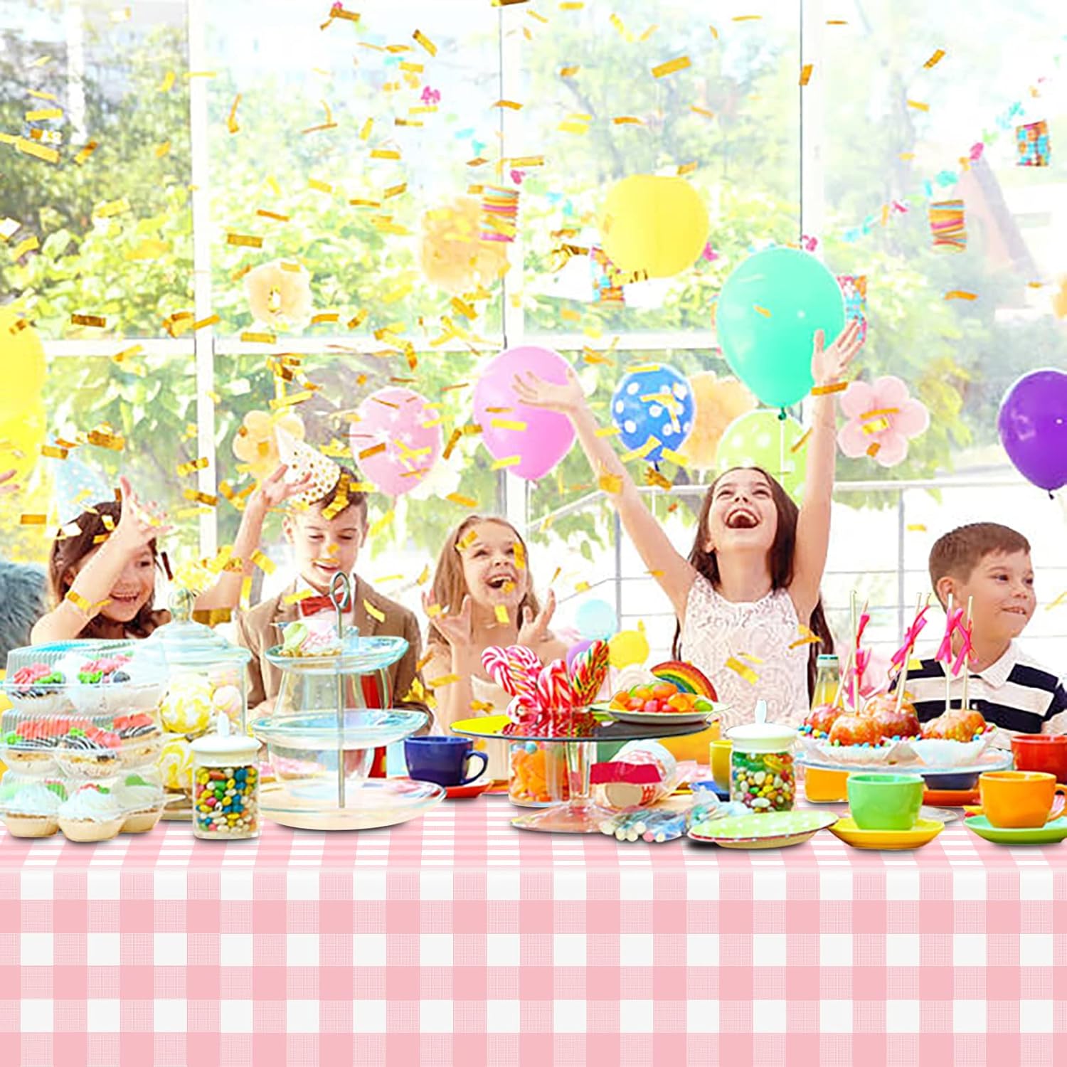 12 Pcs Pink Gingham Tablecloth Set Waterproof Disposable for Parties