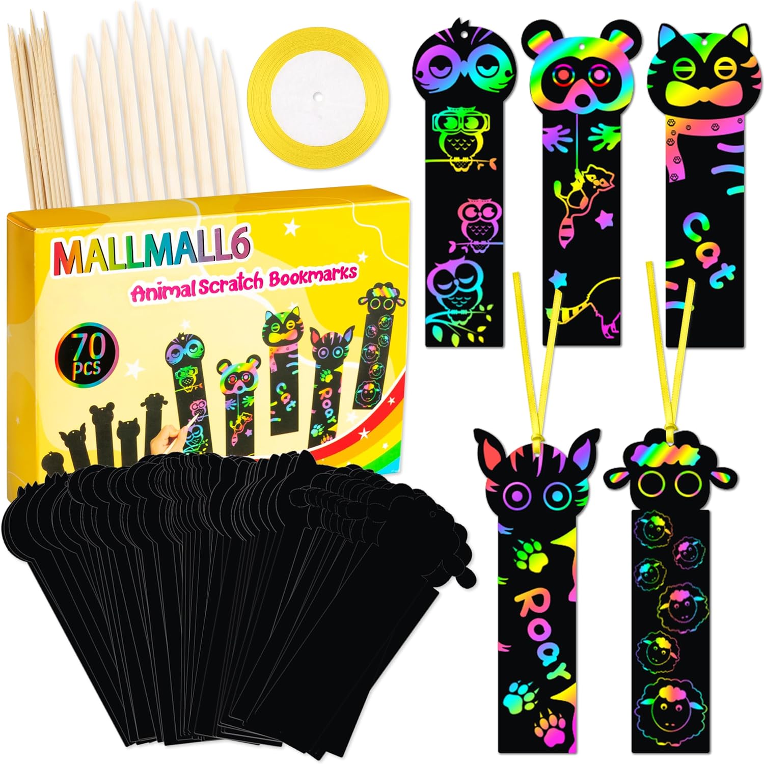 Mallmall6 70Pcs Animal Scratch Bookmarks Craft Kit for Kids