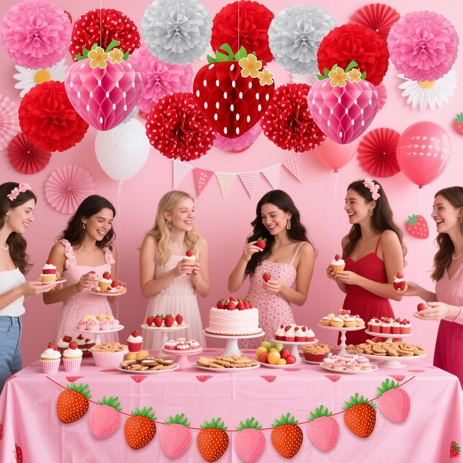 15 Pcs Strawberry Paper Fan Tissue Pom Poms Party Decorations