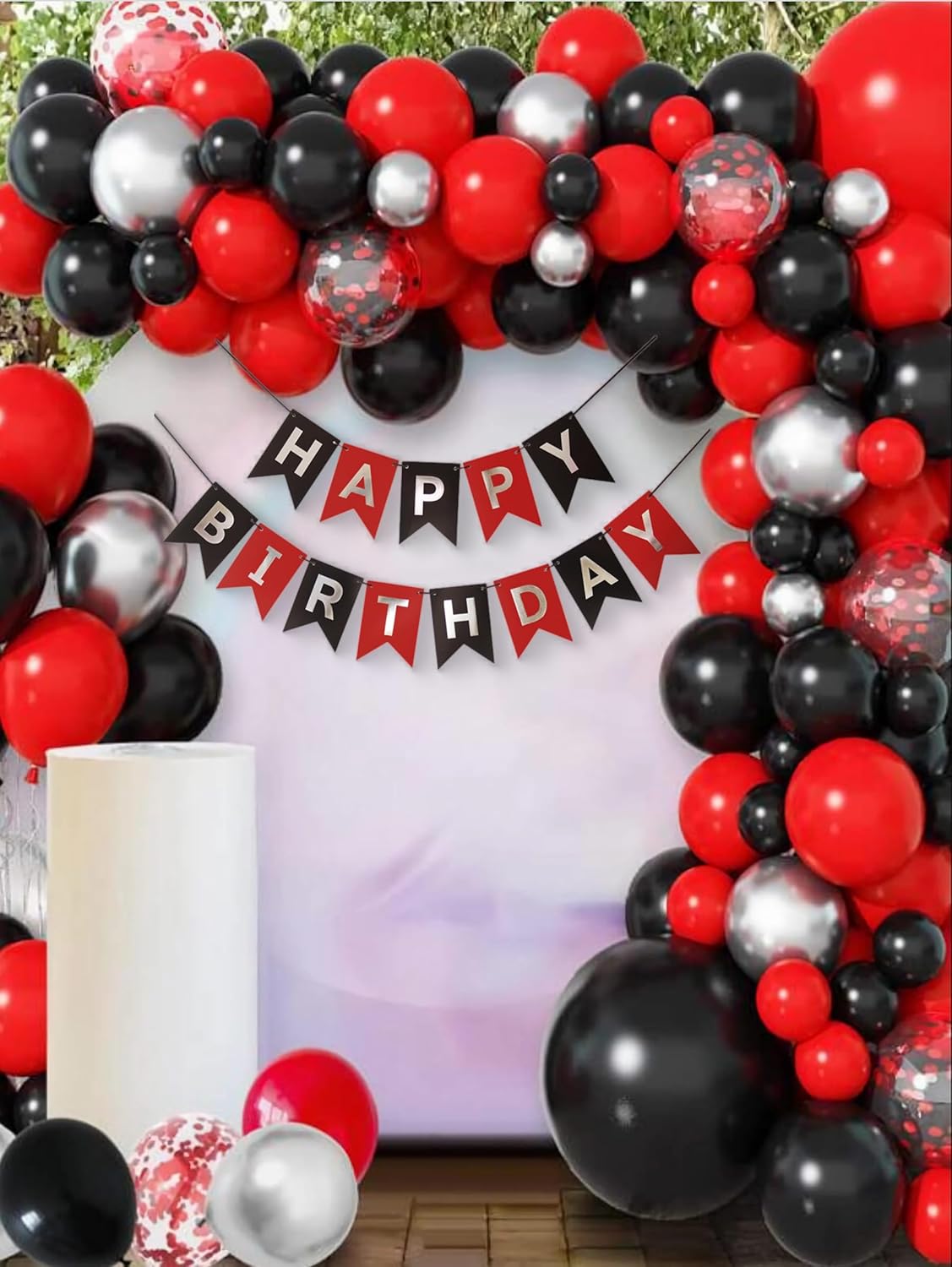 Red Silver Black Happy Birthday Banner Decor