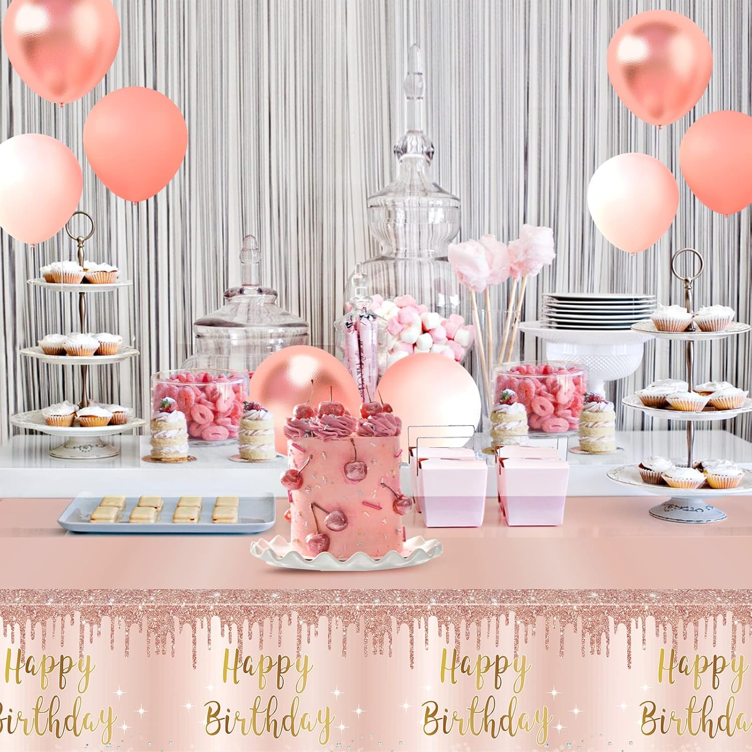 3 Pcs Pink Rose Gold Happy Birthday Table Cover Decorations