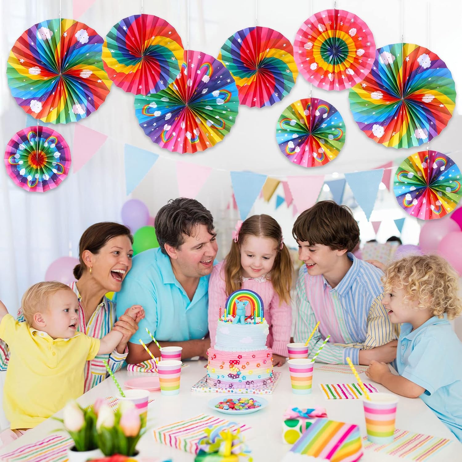 Outus 9 Pcs Rainbow Party Decor Paper Fans