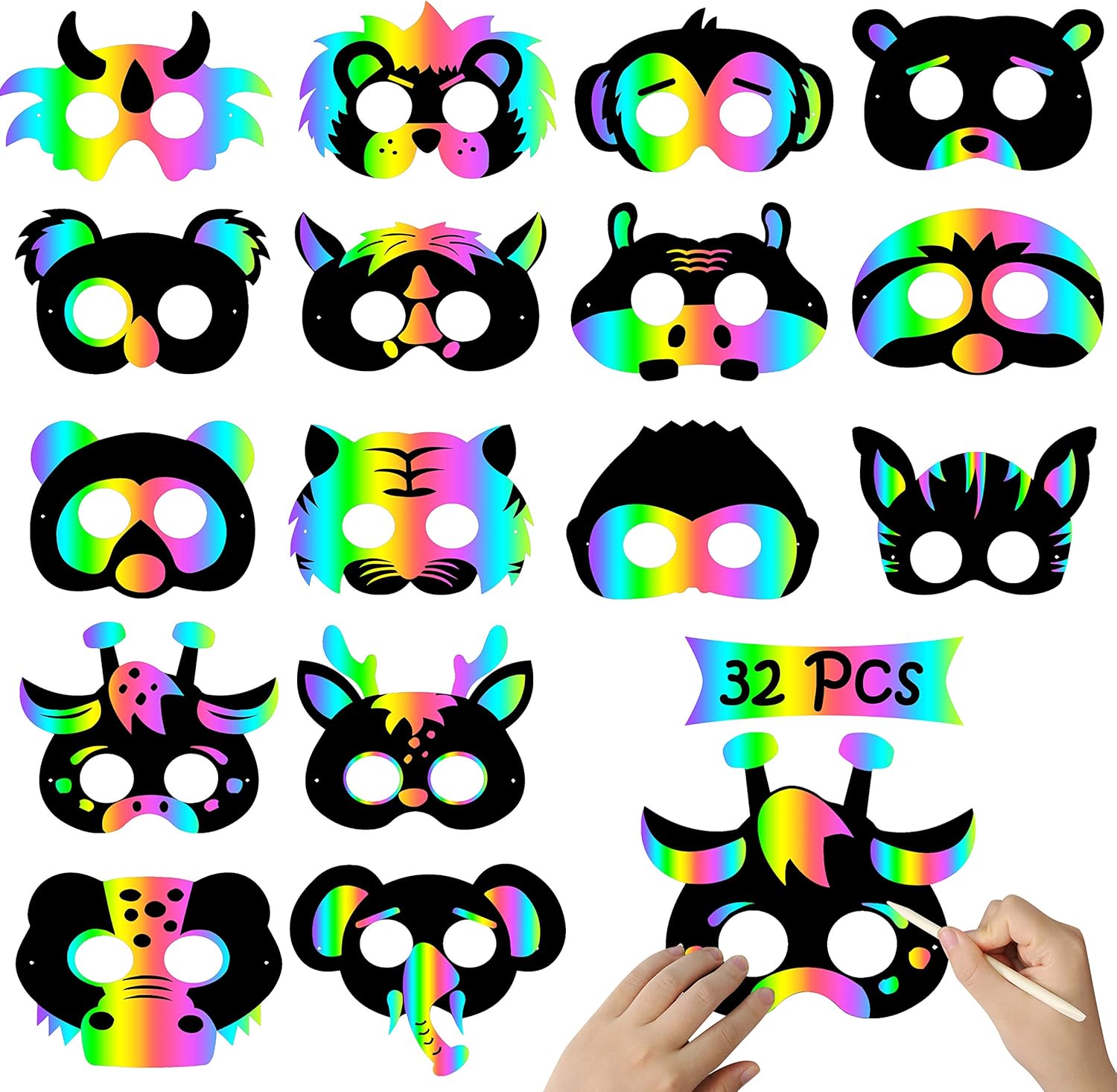 WATINC 32Pcs Scratch Paper Animal Masks DIY Craft Kit