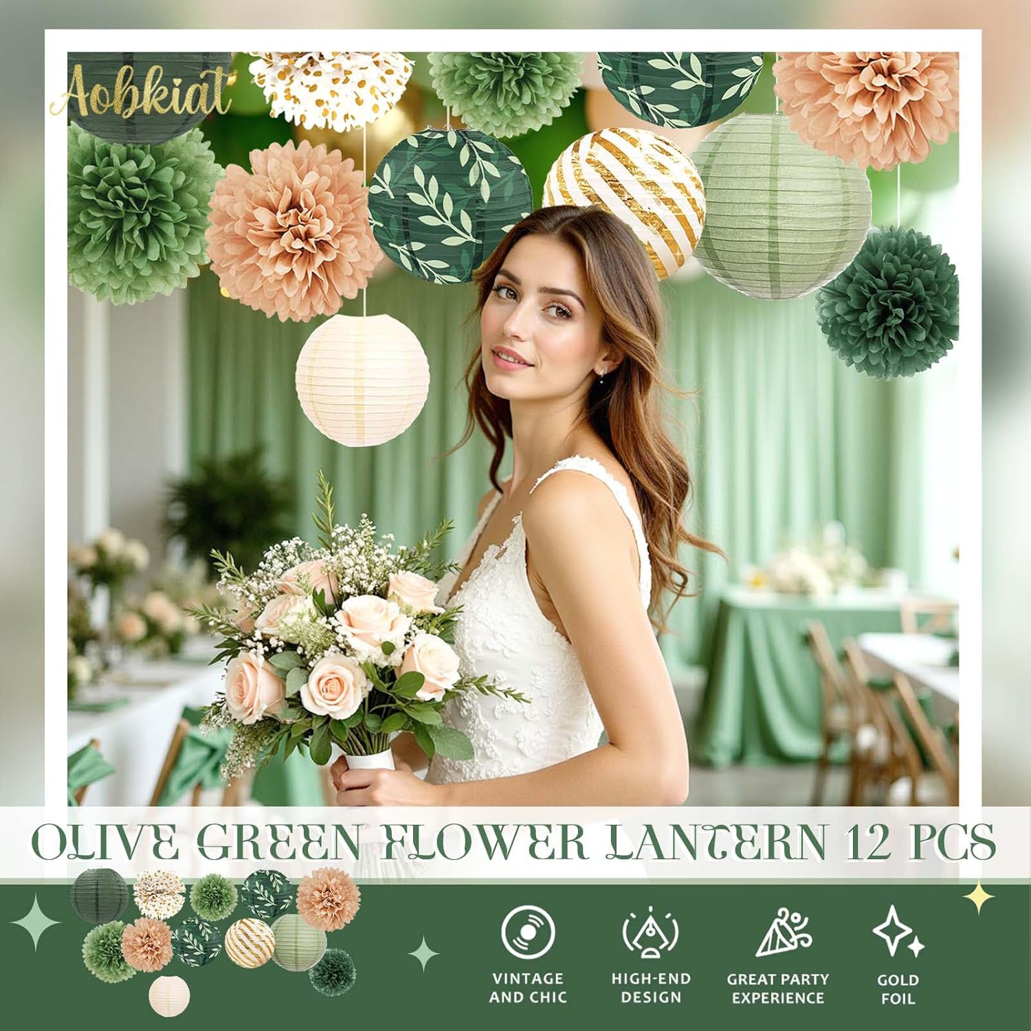 AOBKIAT 12PCS Olive Green Sage Paper Lanterns Set