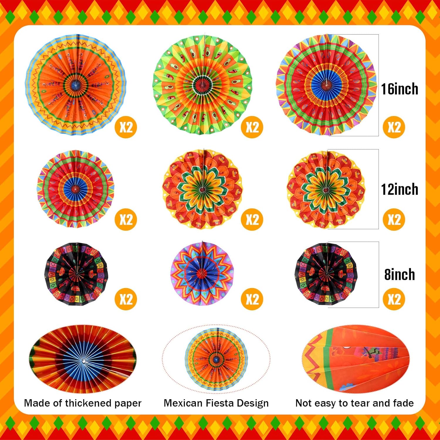 Outus 9 Pcs Mexican Fiesta Hanging Paper Fans Decorations