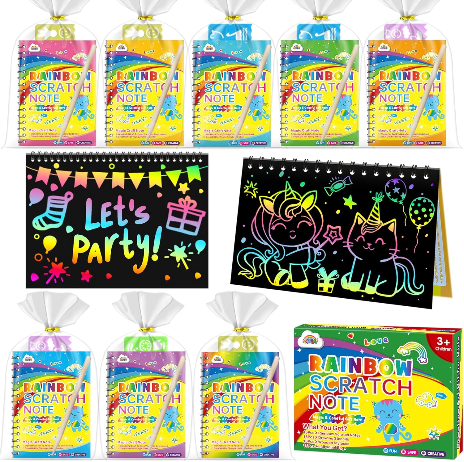 ZMLM Rainbow Scratch Art Notebook 16 Pcs Kids Craft Kit