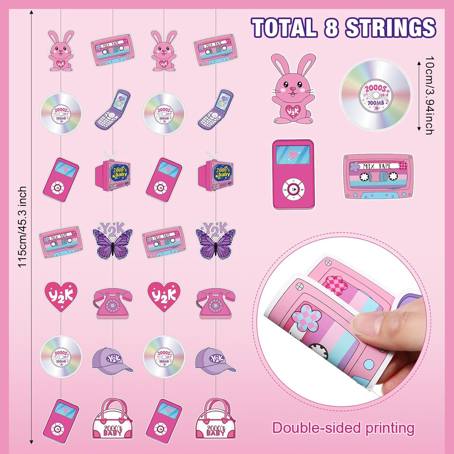 Spakon 8 Pack Y2k Pink Paper Banners Retro Garland Decorations