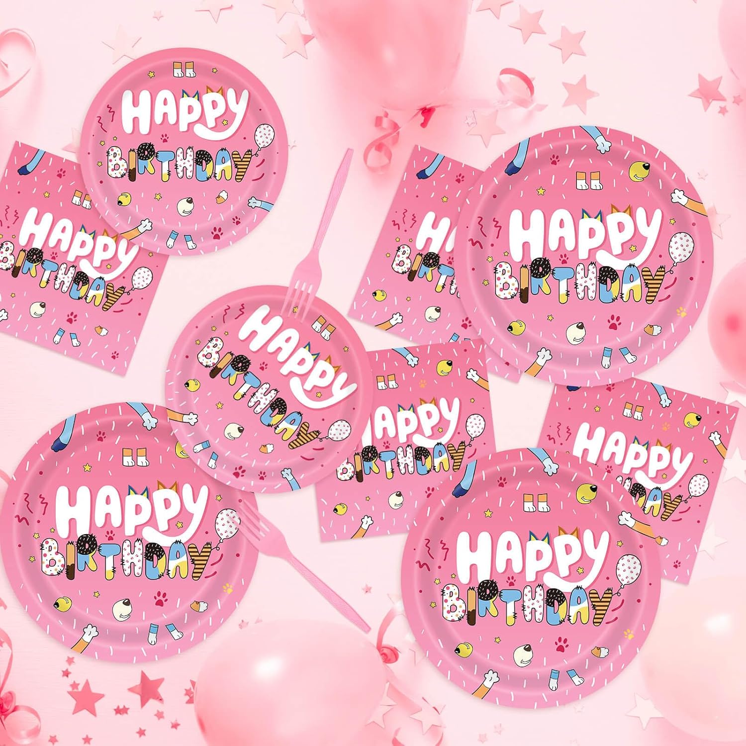 96Pcs Cartoon Pink Dog Party Tableware Set for 24 Guests