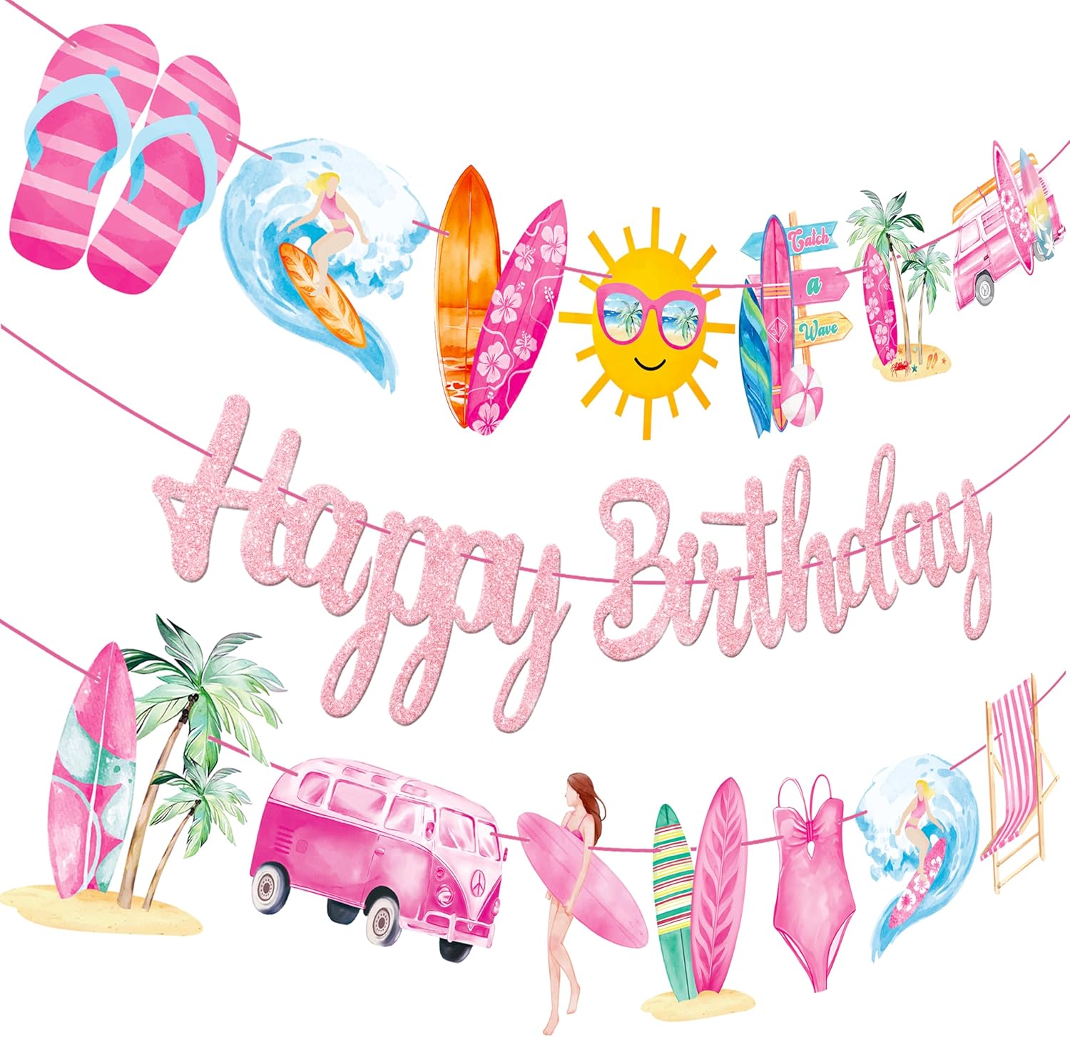3Pcs Pink Glitter Surf Party Banners for Girls