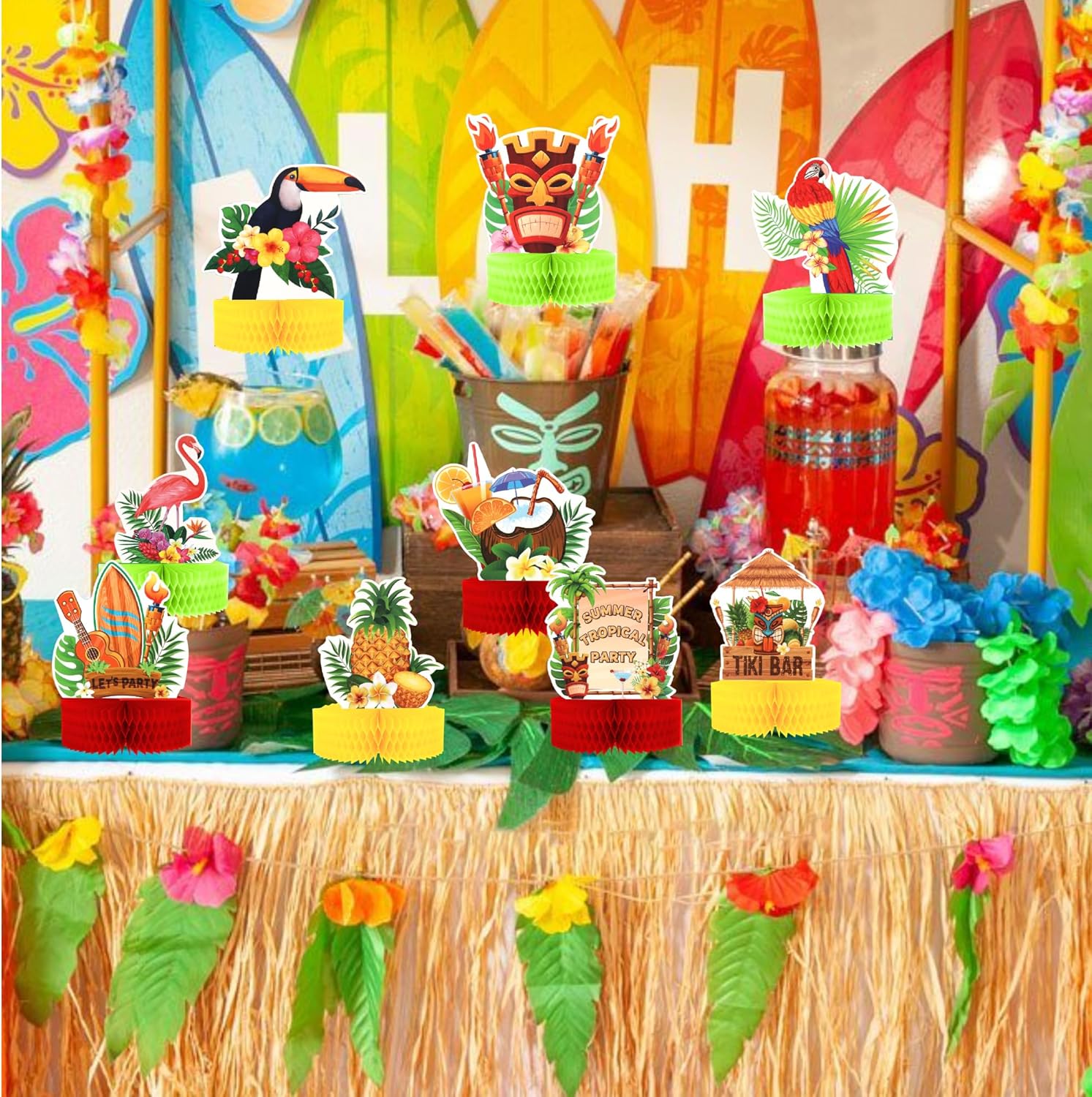 9PCS Tropical Party Honeycomb Table Centerpieces for Hawaiian Luau Events