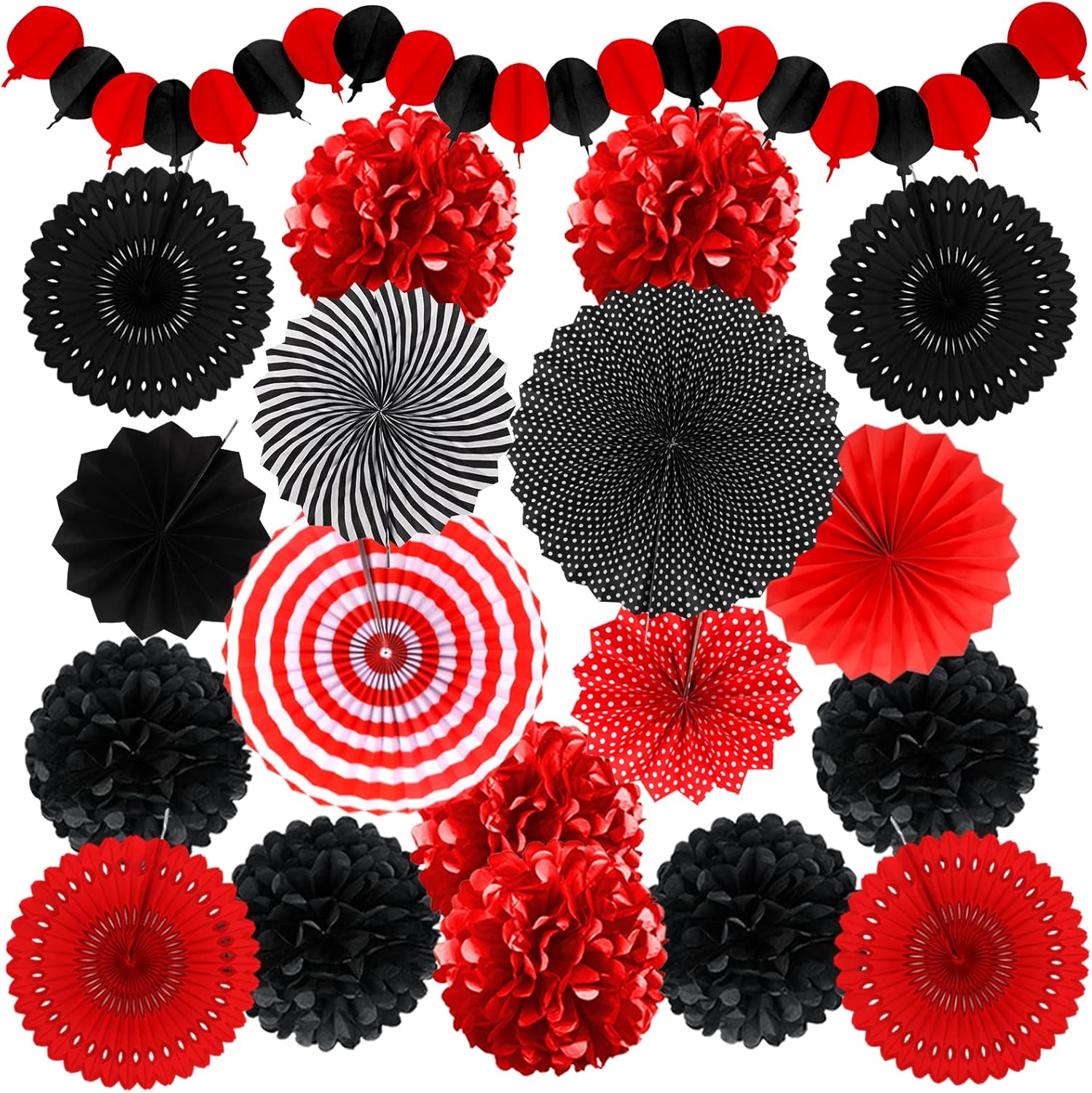 Red and Black Party Decorations Set with Fans and Pompoms