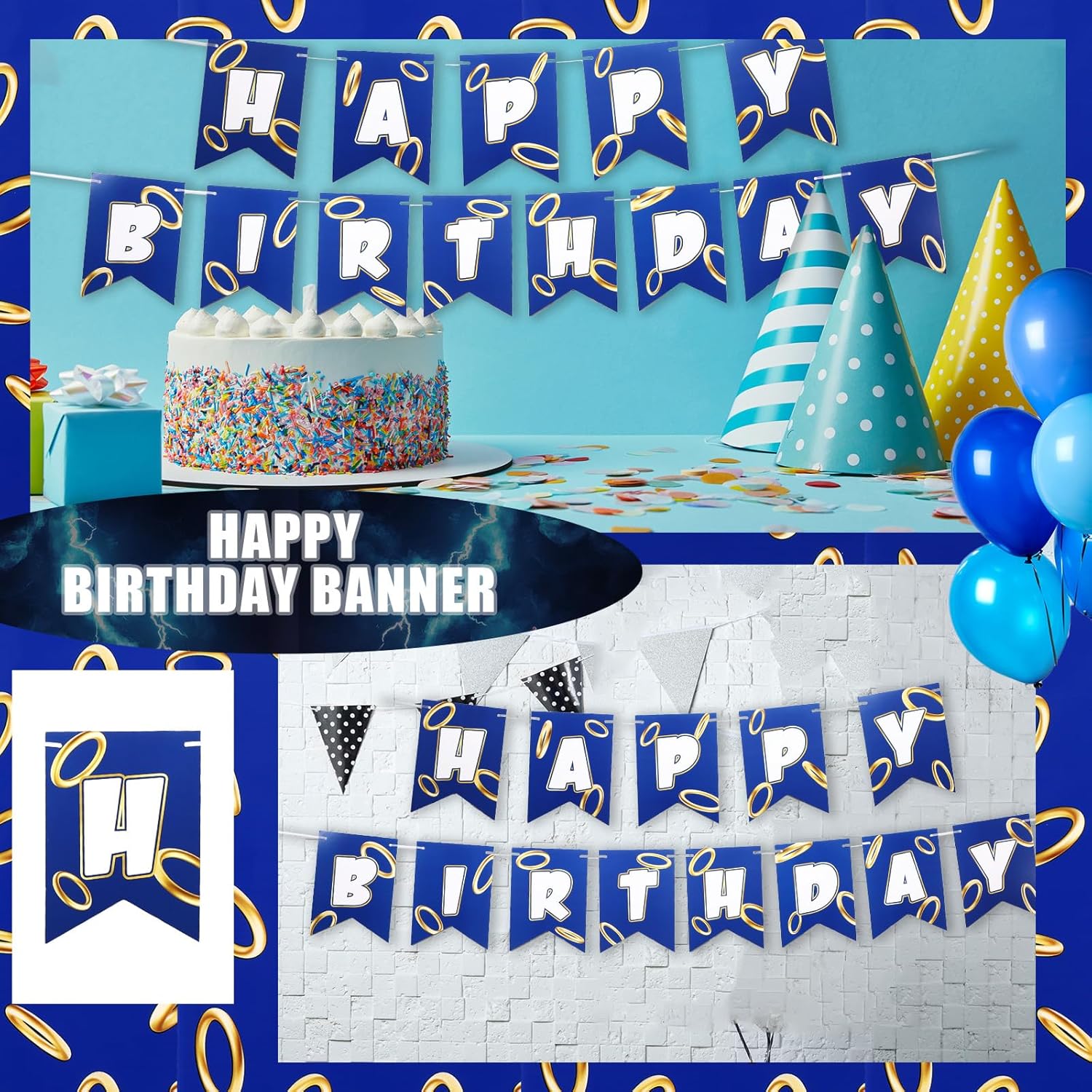 Blue Golden Birthday Party Decorations Banner
