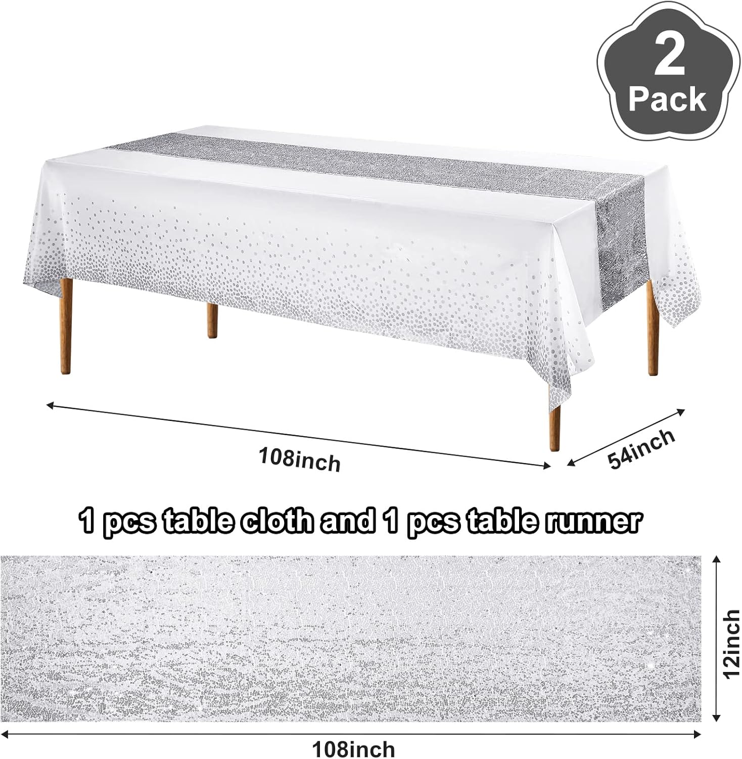 Irenare Tablecloth and Sequin Table Runner Set with Polka Dots and Glitter