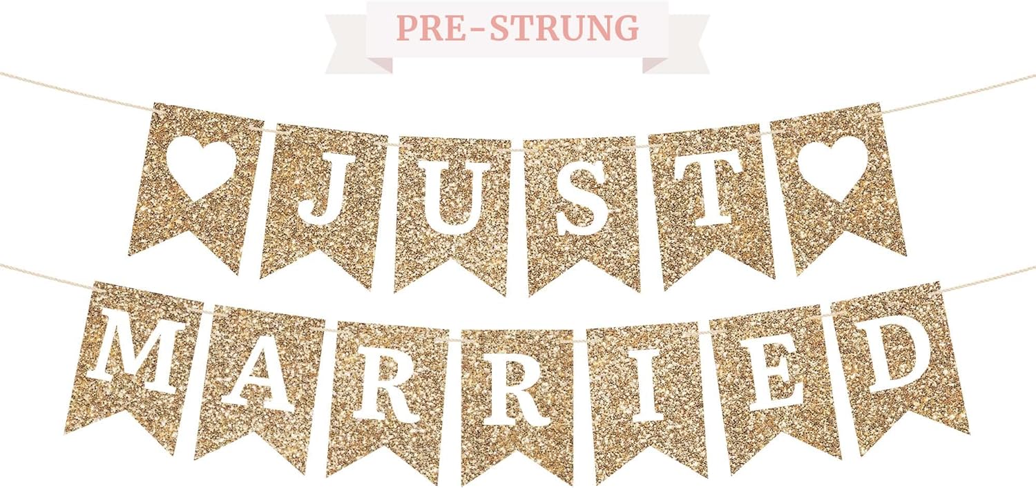 Pre-Strung Gold Glitter Just Married Banner