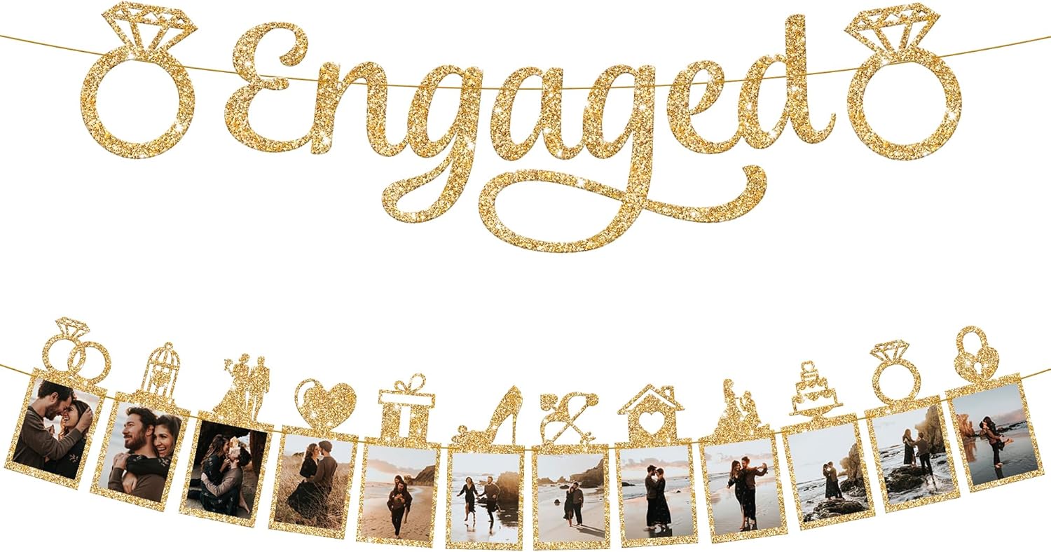 KatchOn Gold Glitter Engagement Photo Banner - 10 Feet 2 Strings No DIY
