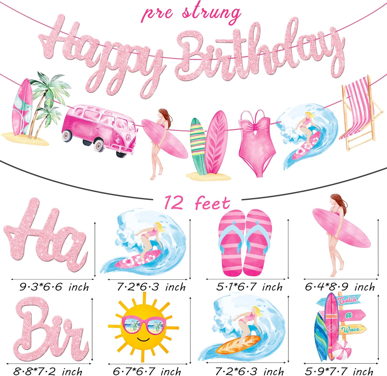 3Pcs Pink Glitter Surf Party Banners for Girls