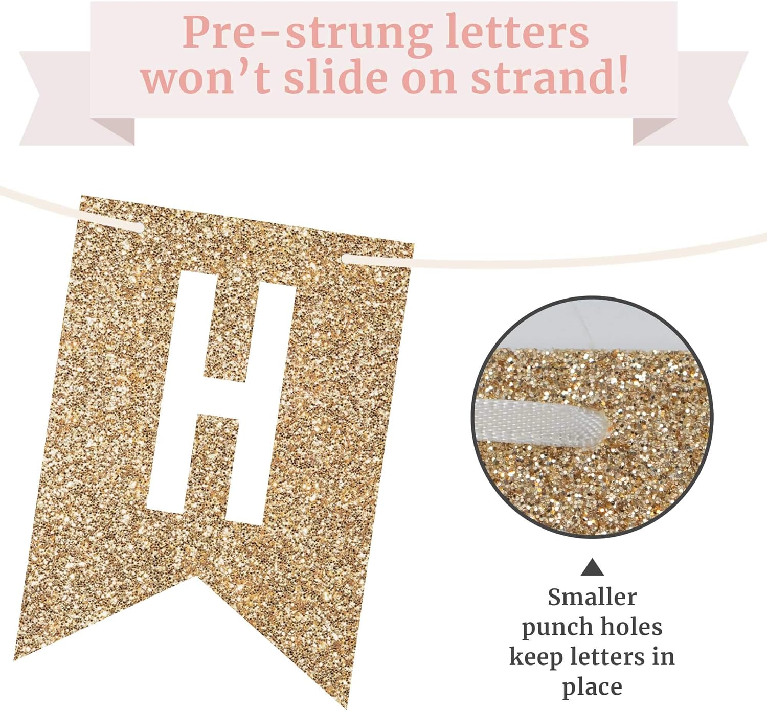 Pre-Strung Gold Glitter Happy Birthday Banner