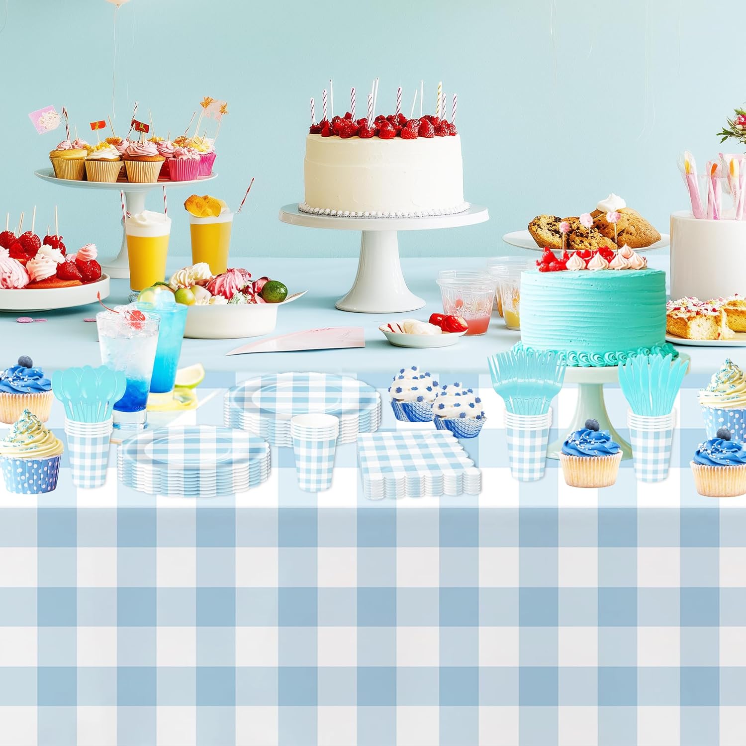 Light Blue Gingham Tablecloths 3 Pack Disposable Party Supplies