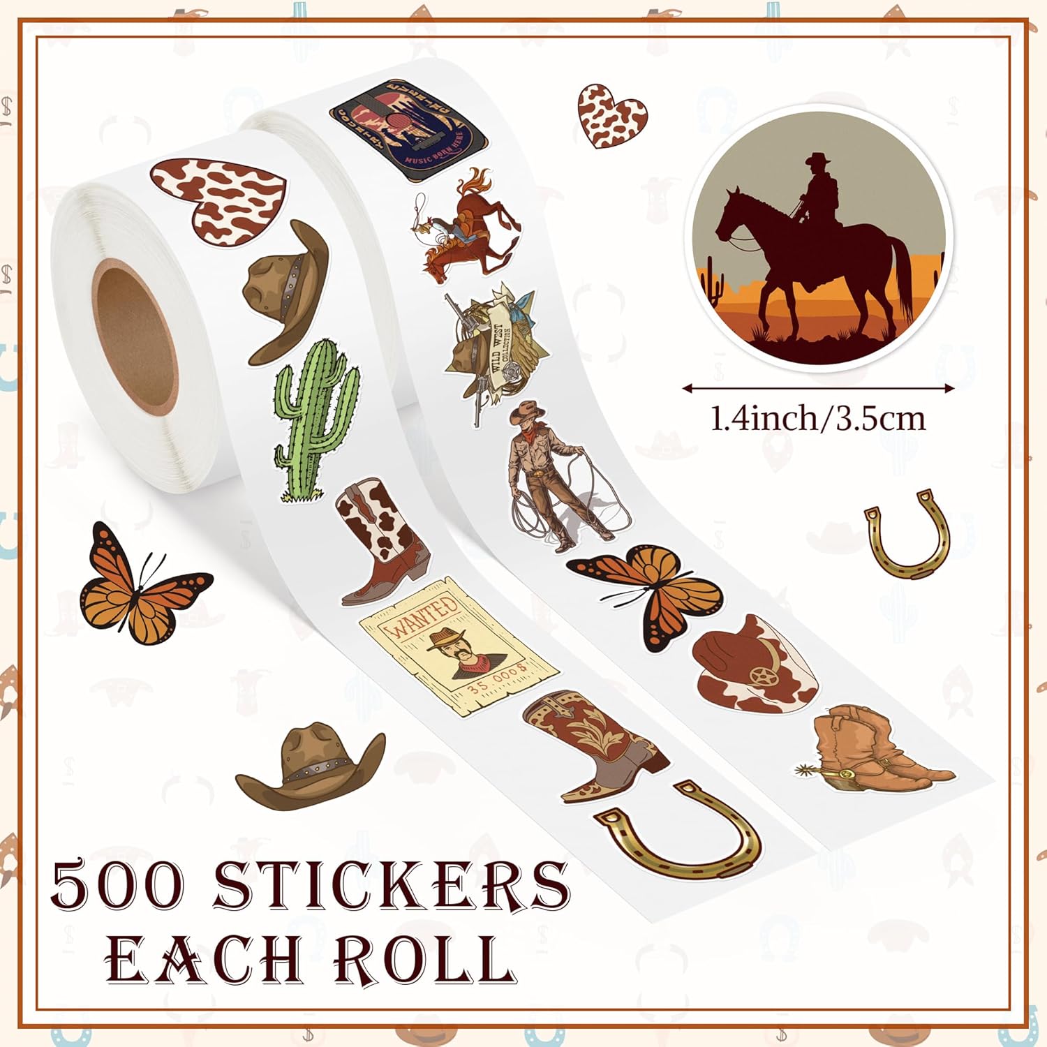 Western Cowboy Sticker Rolls 16 Designs 1000pcs Set