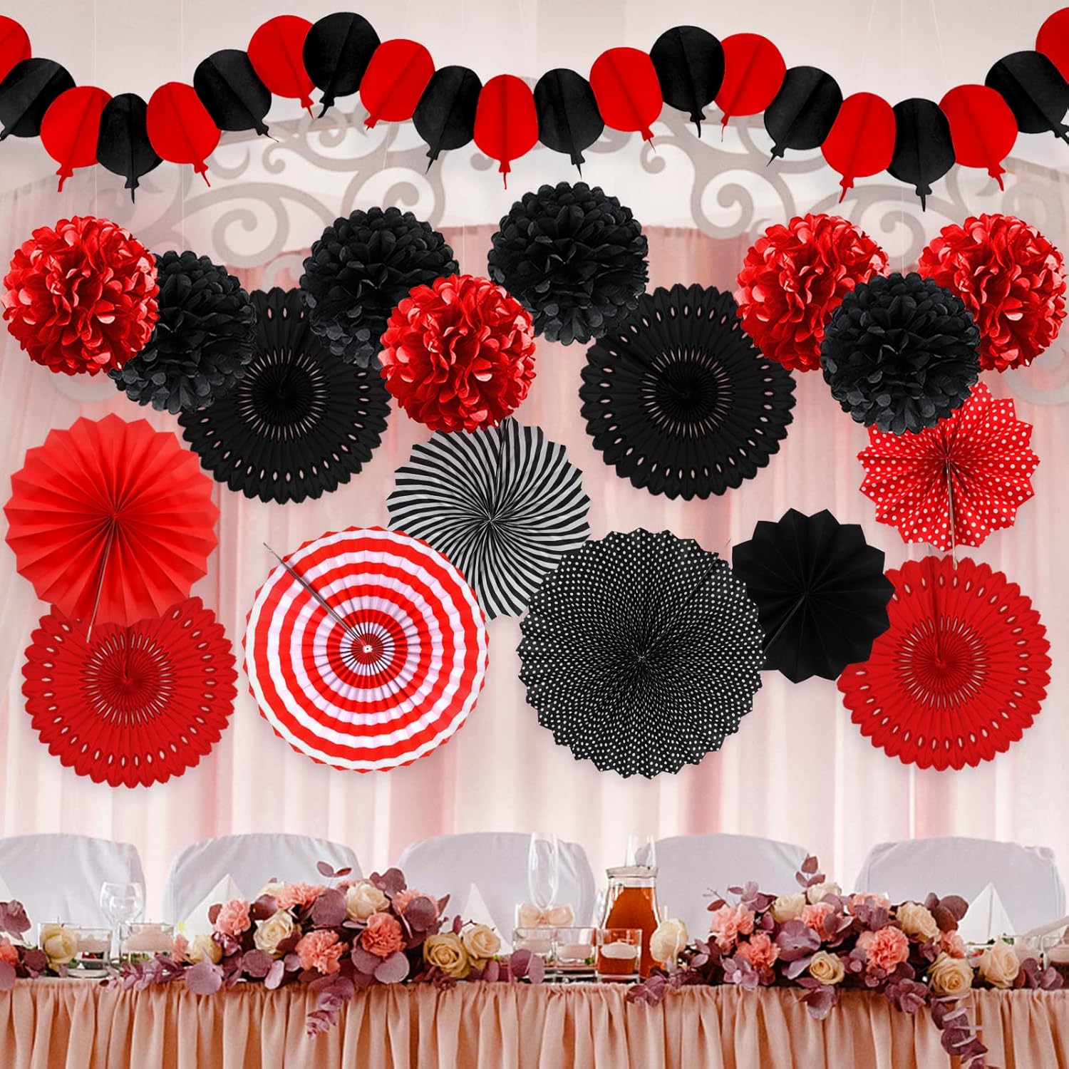 Red and Black Party Decorations Set with Fans and Pompoms