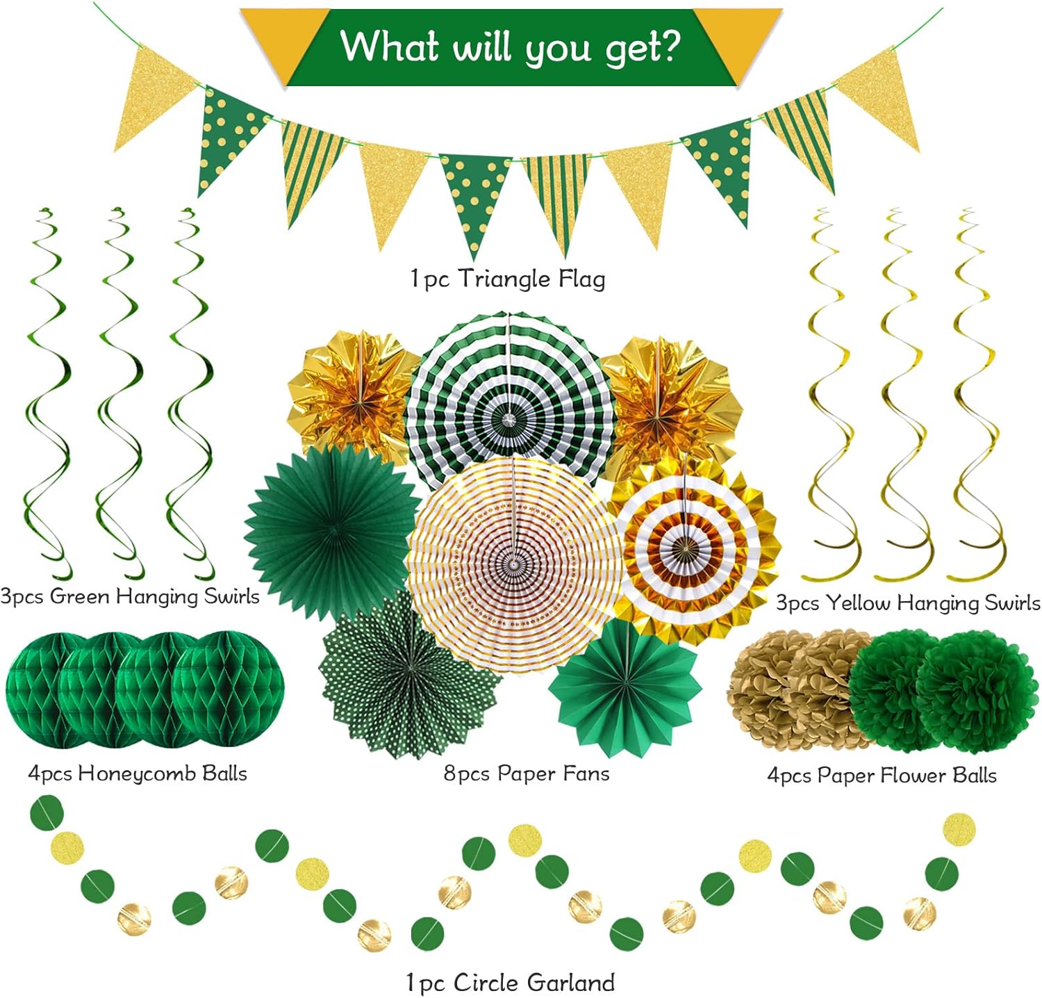 Green Gold Party Decorations Set with Fans and Flags