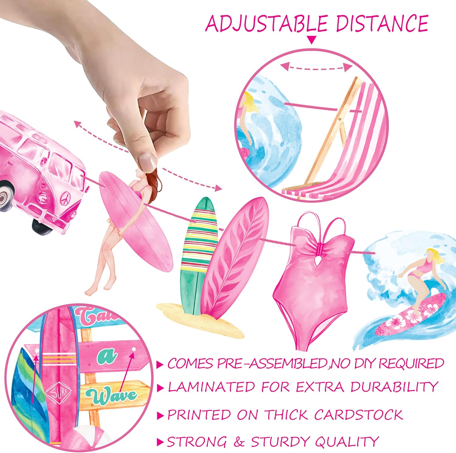 3Pcs Pink Glitter Surf Party Banners for Girls