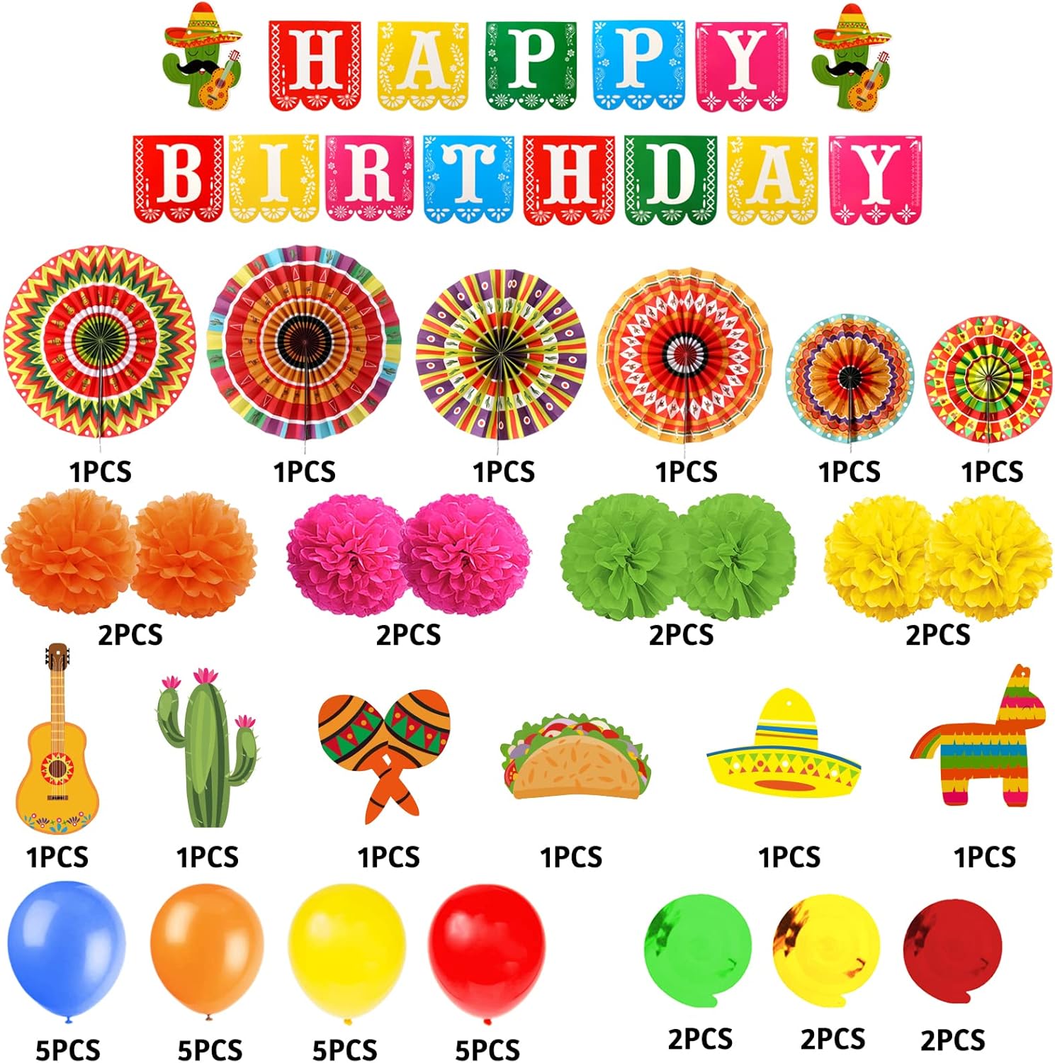 Fiesta Birthday Decor Set with Balloons and Pompoms