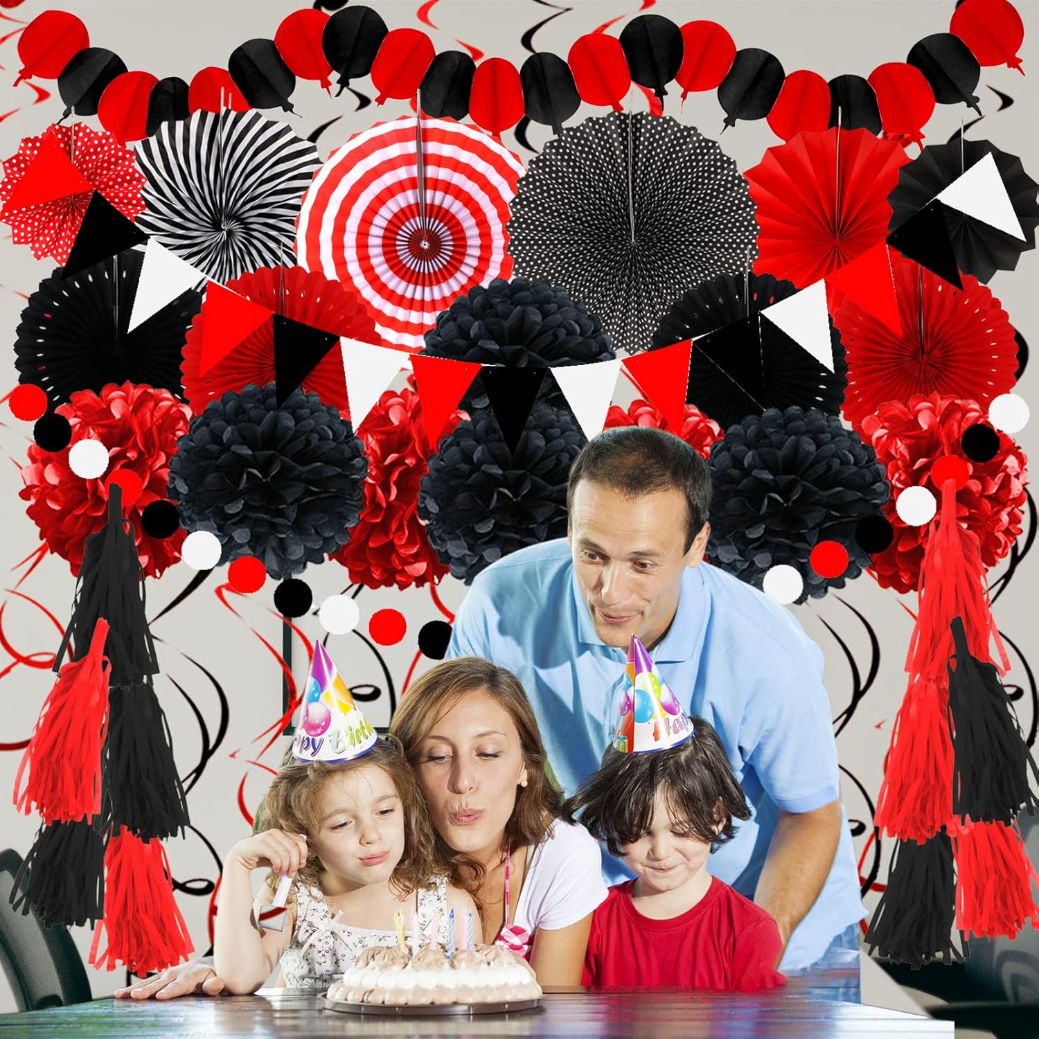 ZERODECO Black and Red Tissue Pom Poms Garland Decor