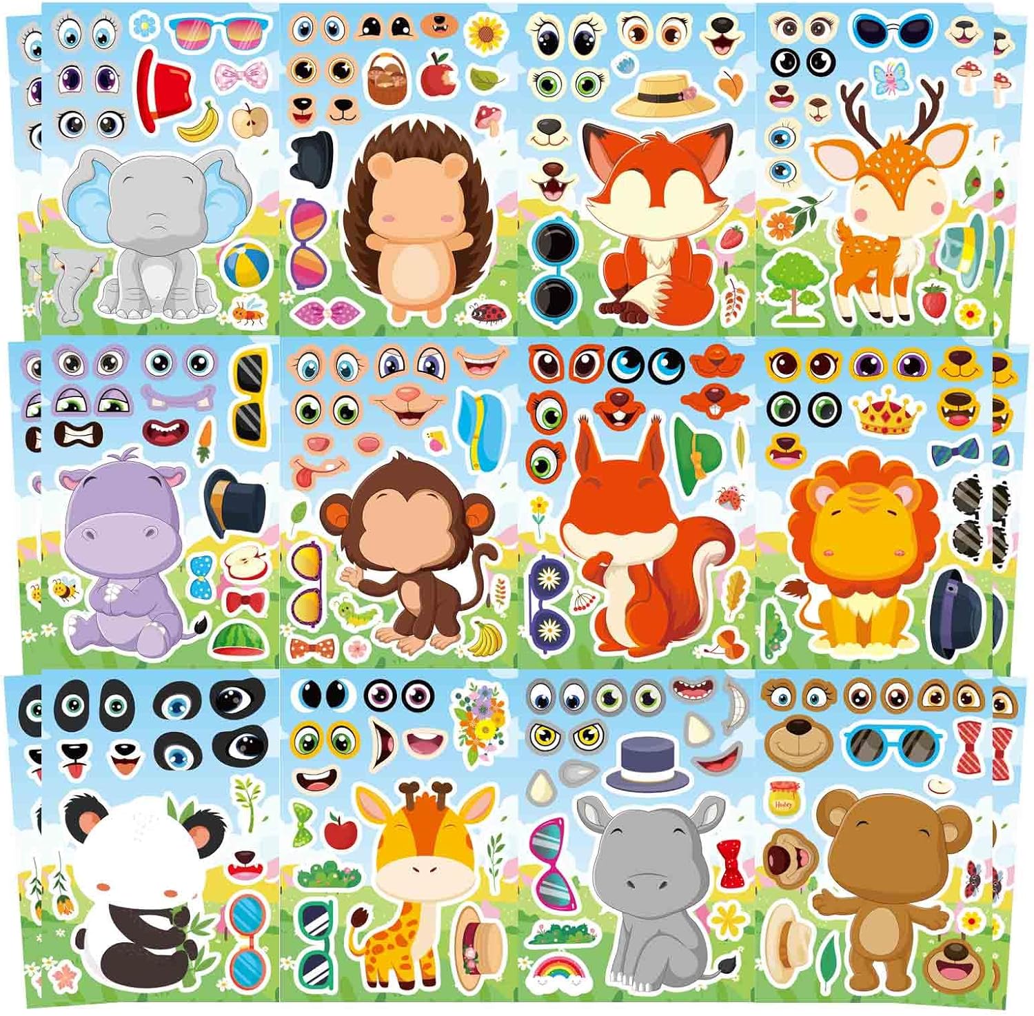 24 Sheet Face Stickers with 12 Animal Designs for Kids