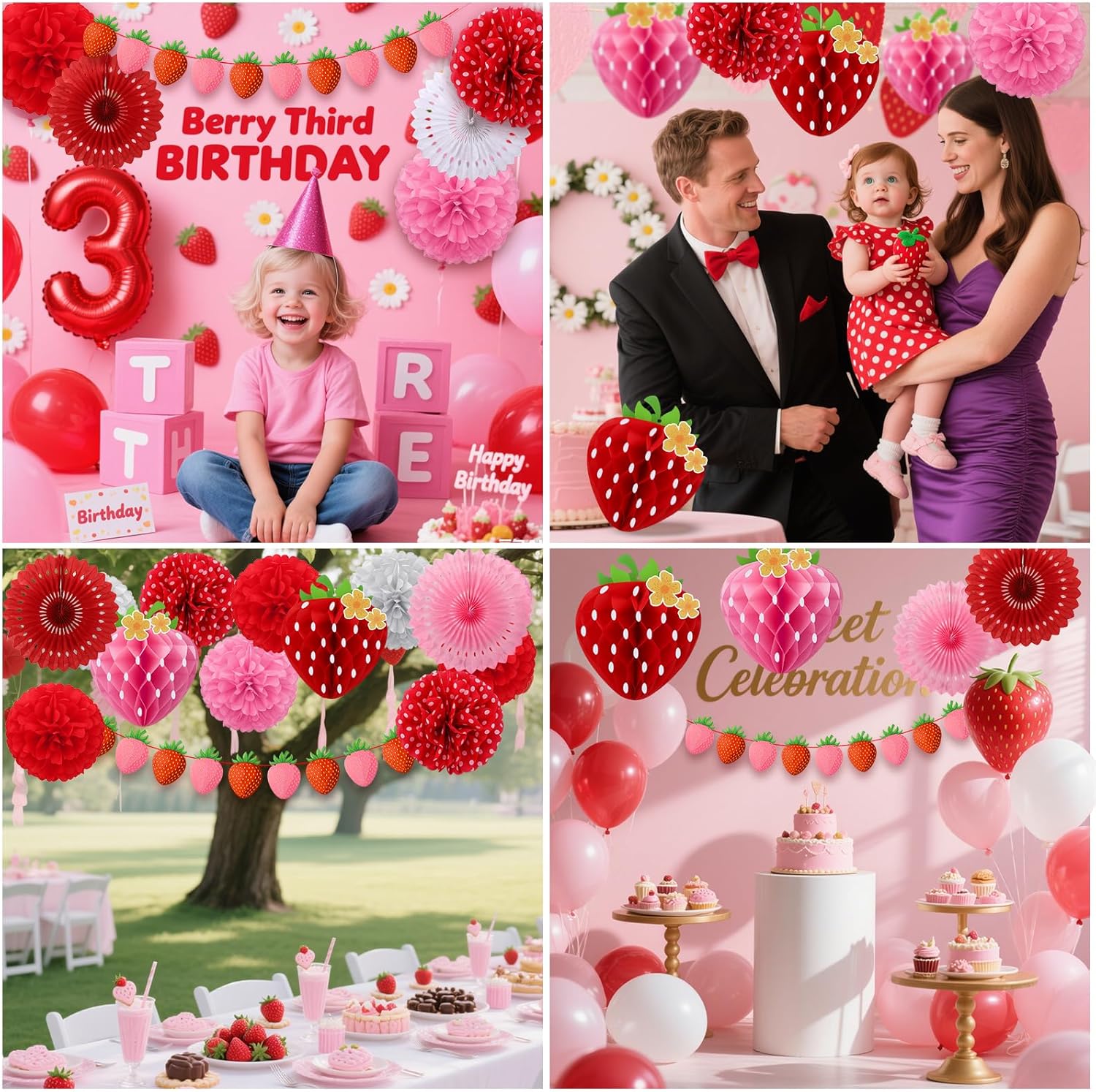 15 Pcs Strawberry Paper Fan Tissue Pom Poms Party Decorations