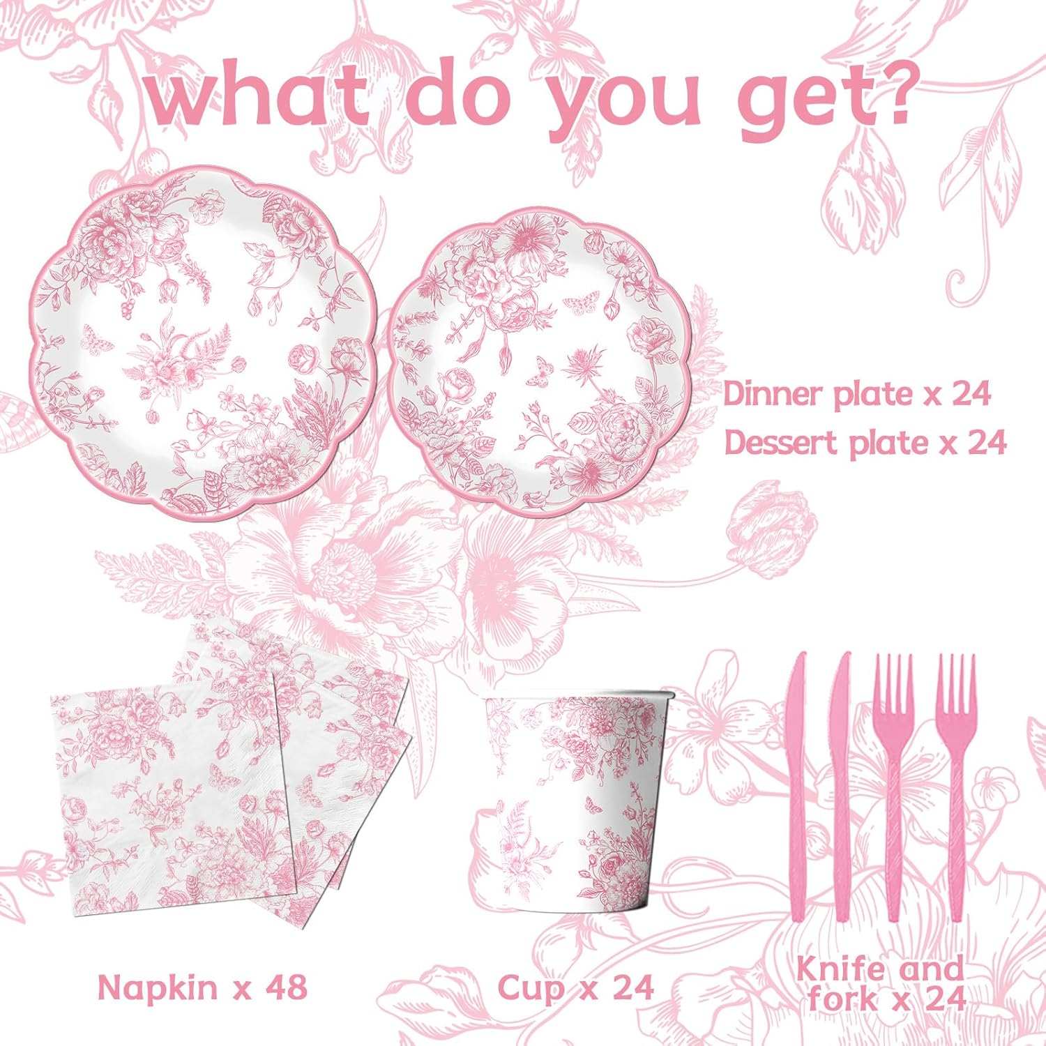 Pink Floral Paper Plates 144Pcs Wedding Tea Party Set