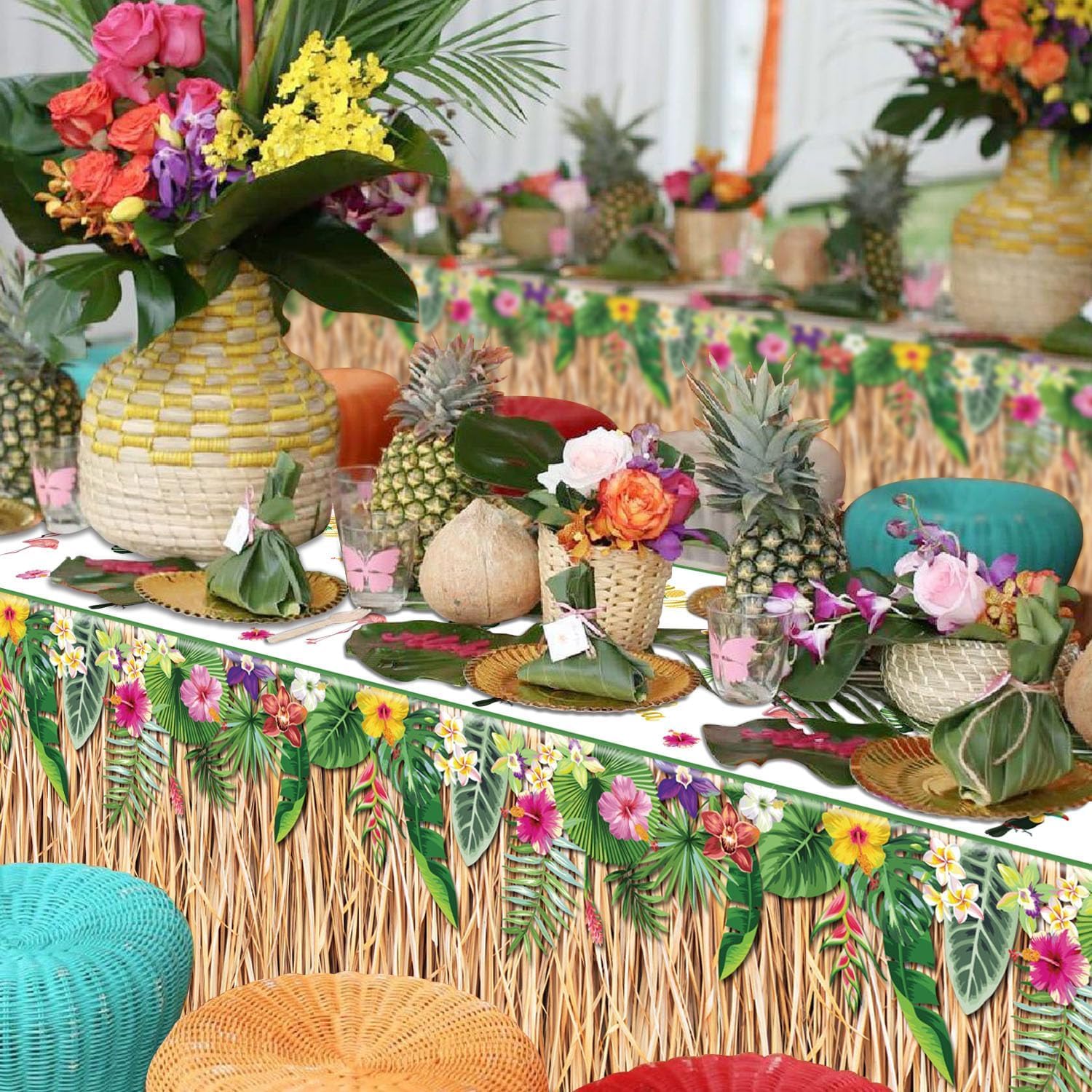 4 Pack Hawaiian Luau Grass Tablecloths for Parties