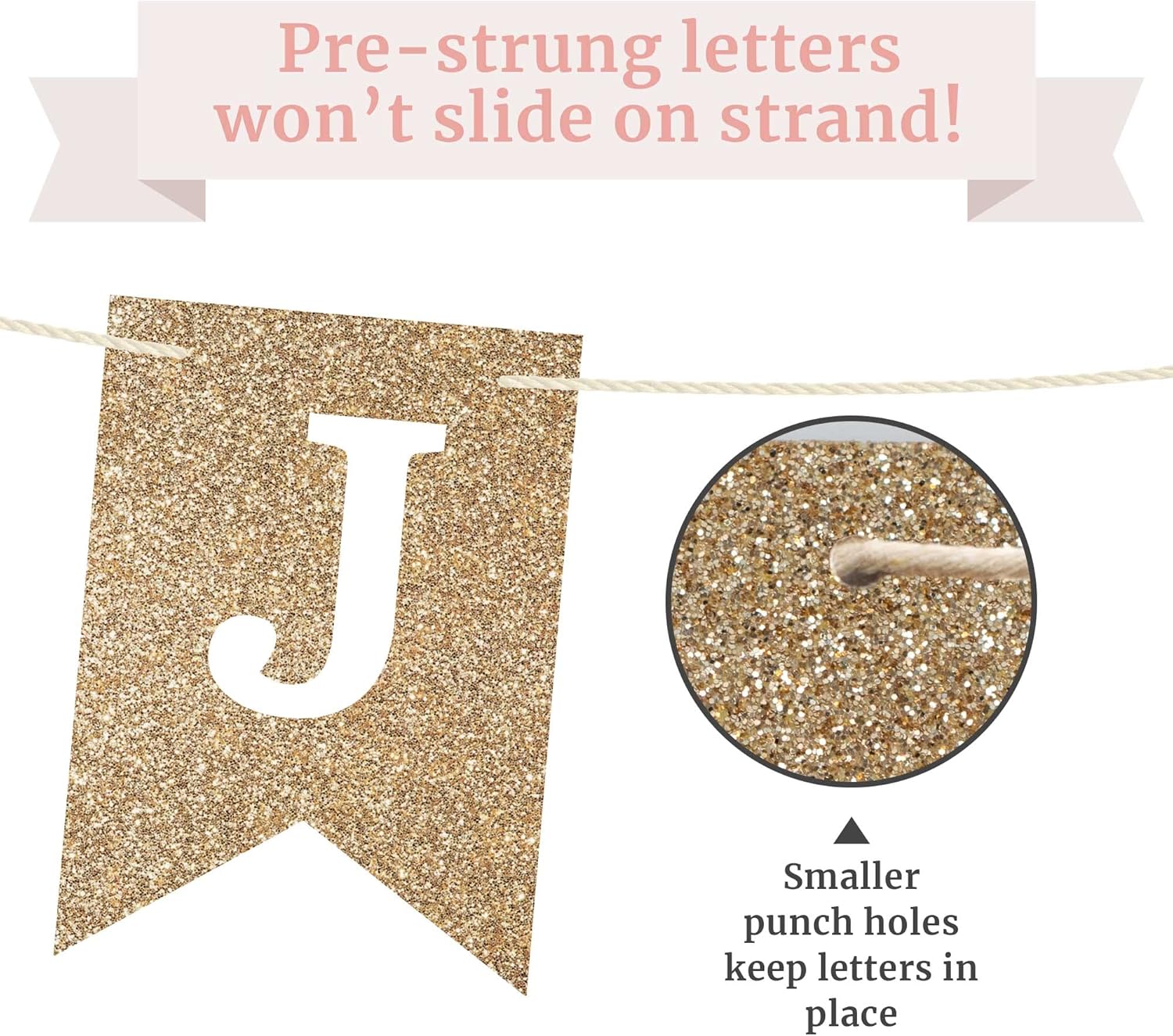 Pre-Strung Gold Glitter Just Married Banner