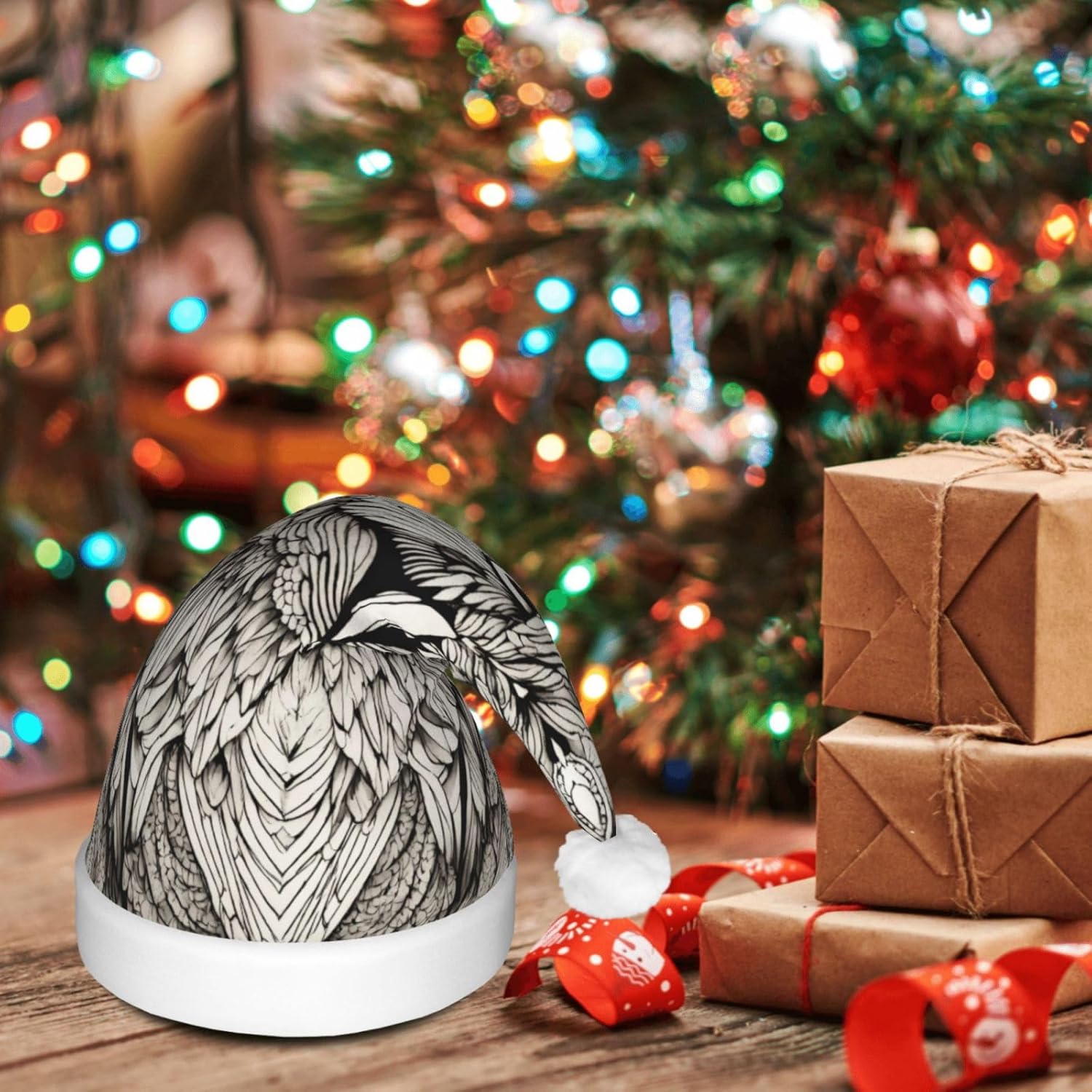Owls Birds Print Christmas Santa Hat Plush Light Up for Adult