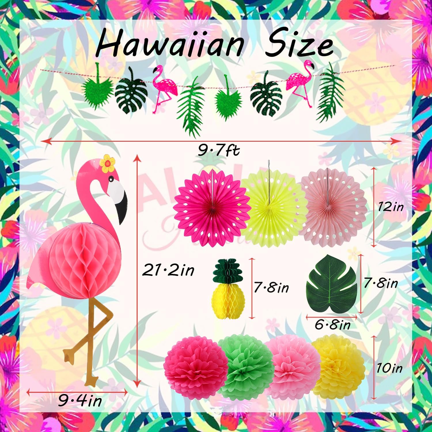 Hawaiian Tropical Party Decor Set with Pom Poms and Fans