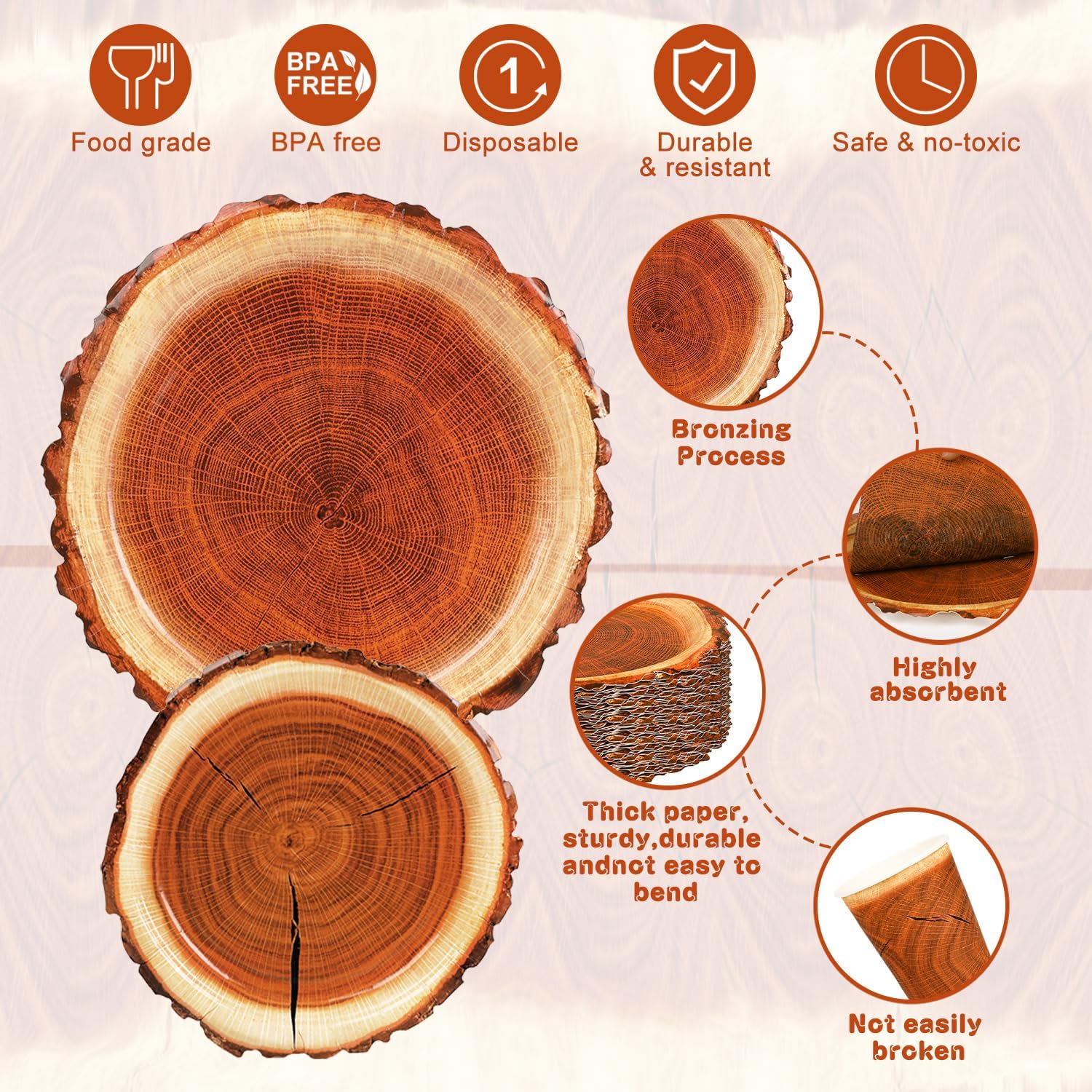 200 Piece Rustic Wood Grain Tableware Set for Camping and Birthday Parties