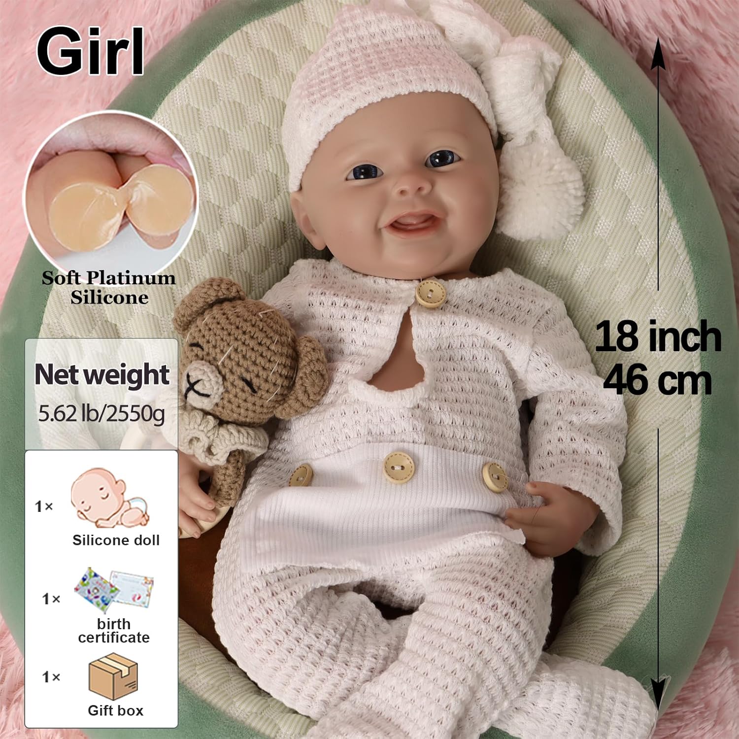 18 Inch Realistic Silicone Reborn Baby Doll Girl