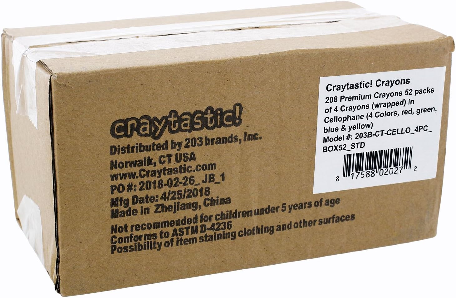 Craytastic 52 Sets 4-Packs Crayons in Cellophane - 208 Count Bulk Crayon Box