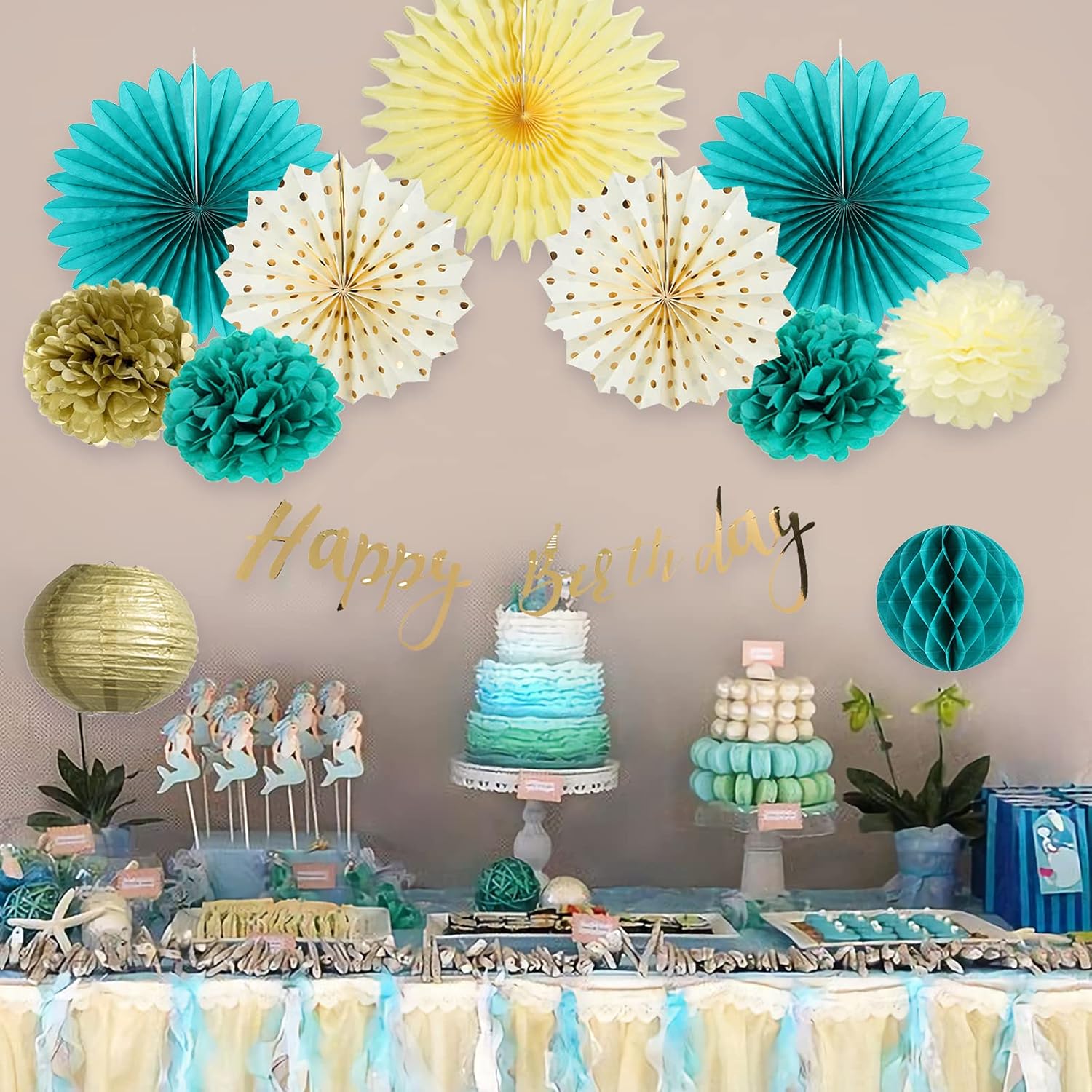 SUNBEAUTY Teal Gold Birthday Decor Set