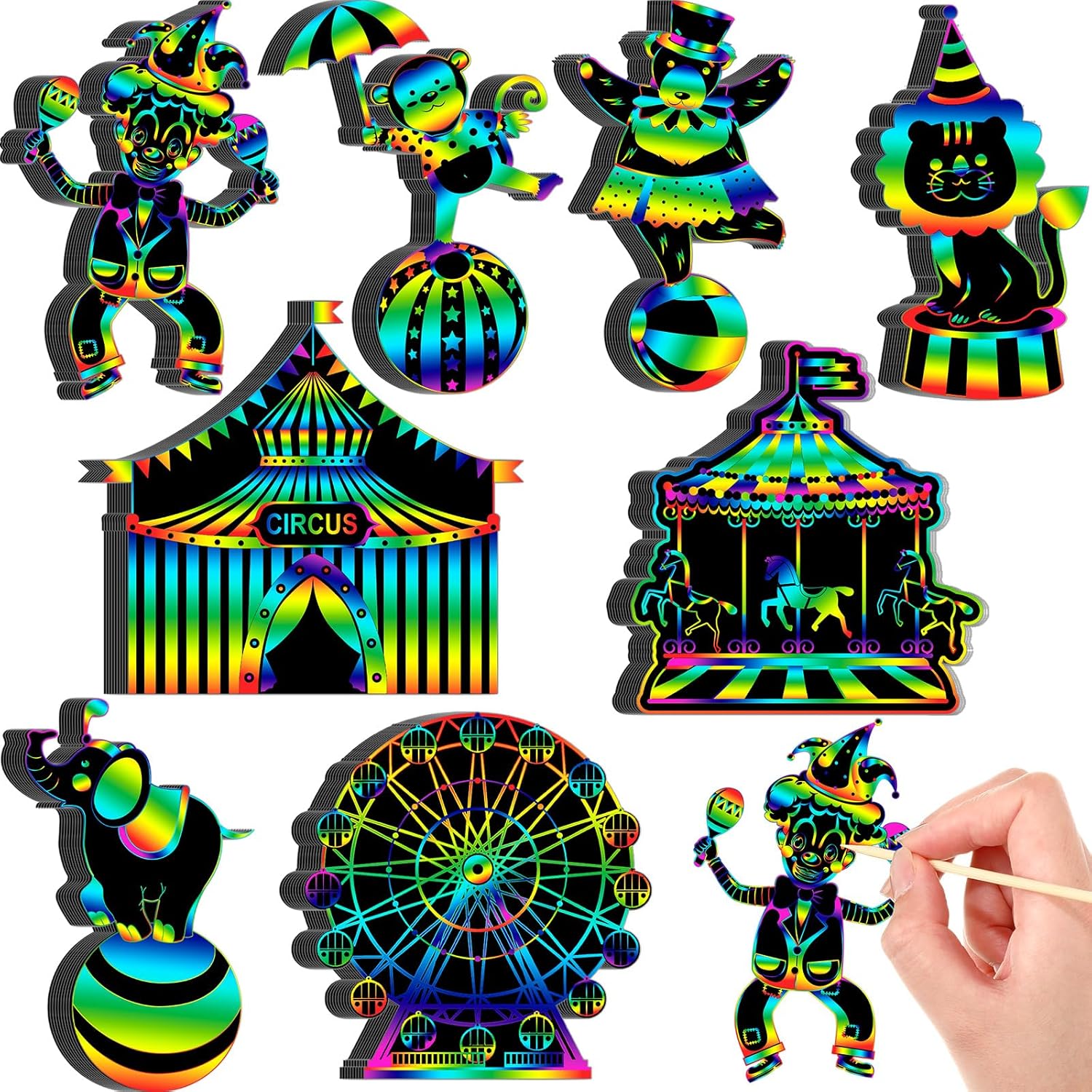 RoundFunny 80 Pcs Carnival Scratch Cards with Sticks and Ribbons