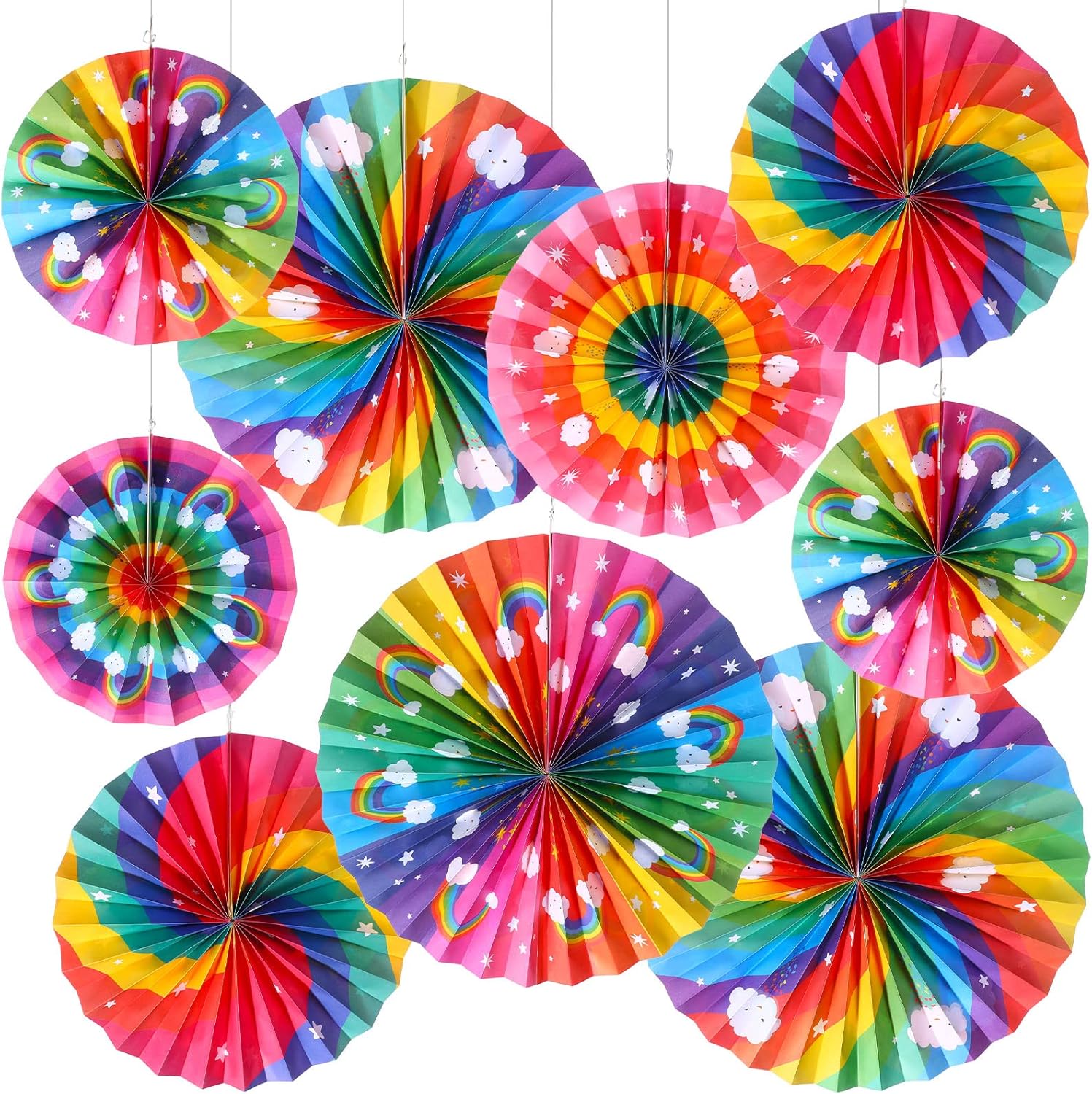 Outus 9 Pcs Rainbow Party Decor Paper Fans
